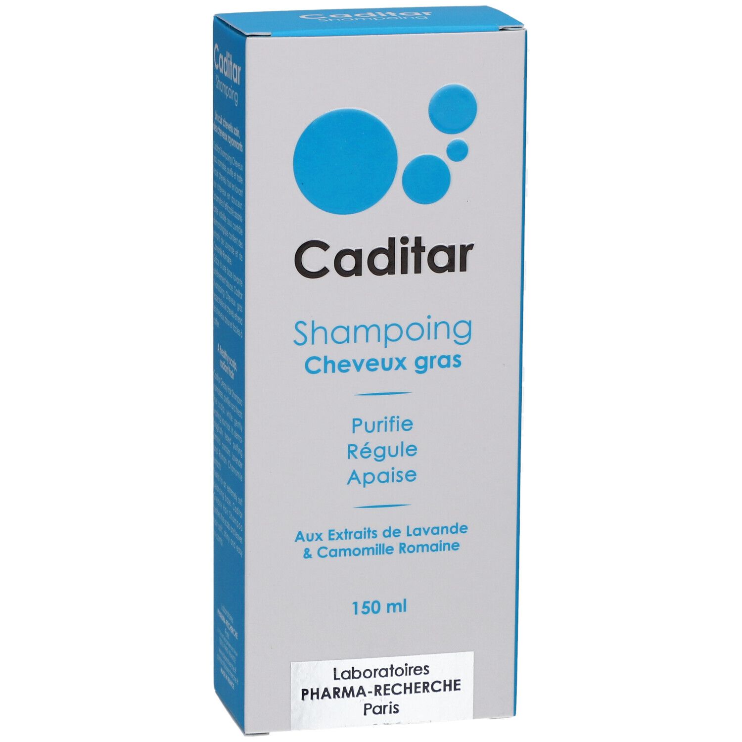 Doos van CADITAR Shampoing Cheveux Gras. Blauwe cirkels, productnaam, ingrediënten en 150 ml volume.