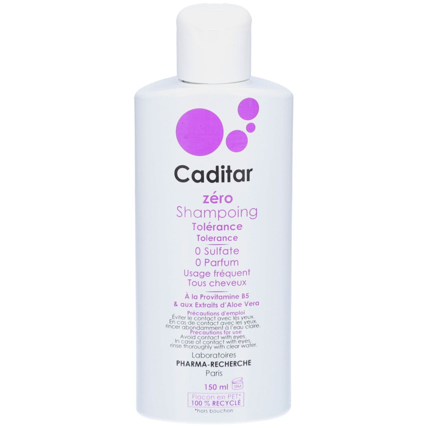 Caditar Zero Shampooing. Witte fles met paarse accenten. Tekst: 0 Sulfaat, 0 Parfum. 150 ml. Met recyclingsymbool.