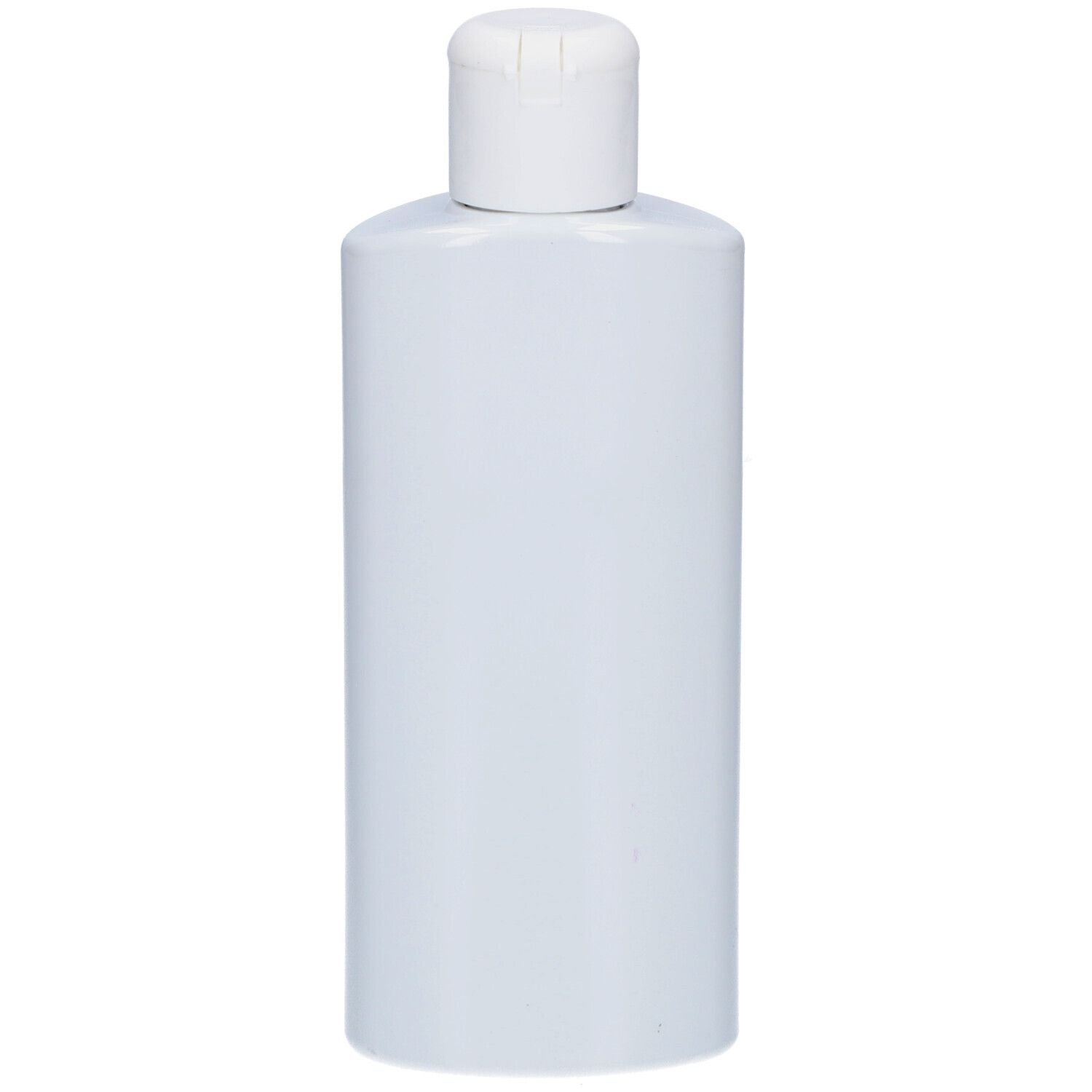 Witte shampoo fles met klapdop. Geen label zichtbaar.