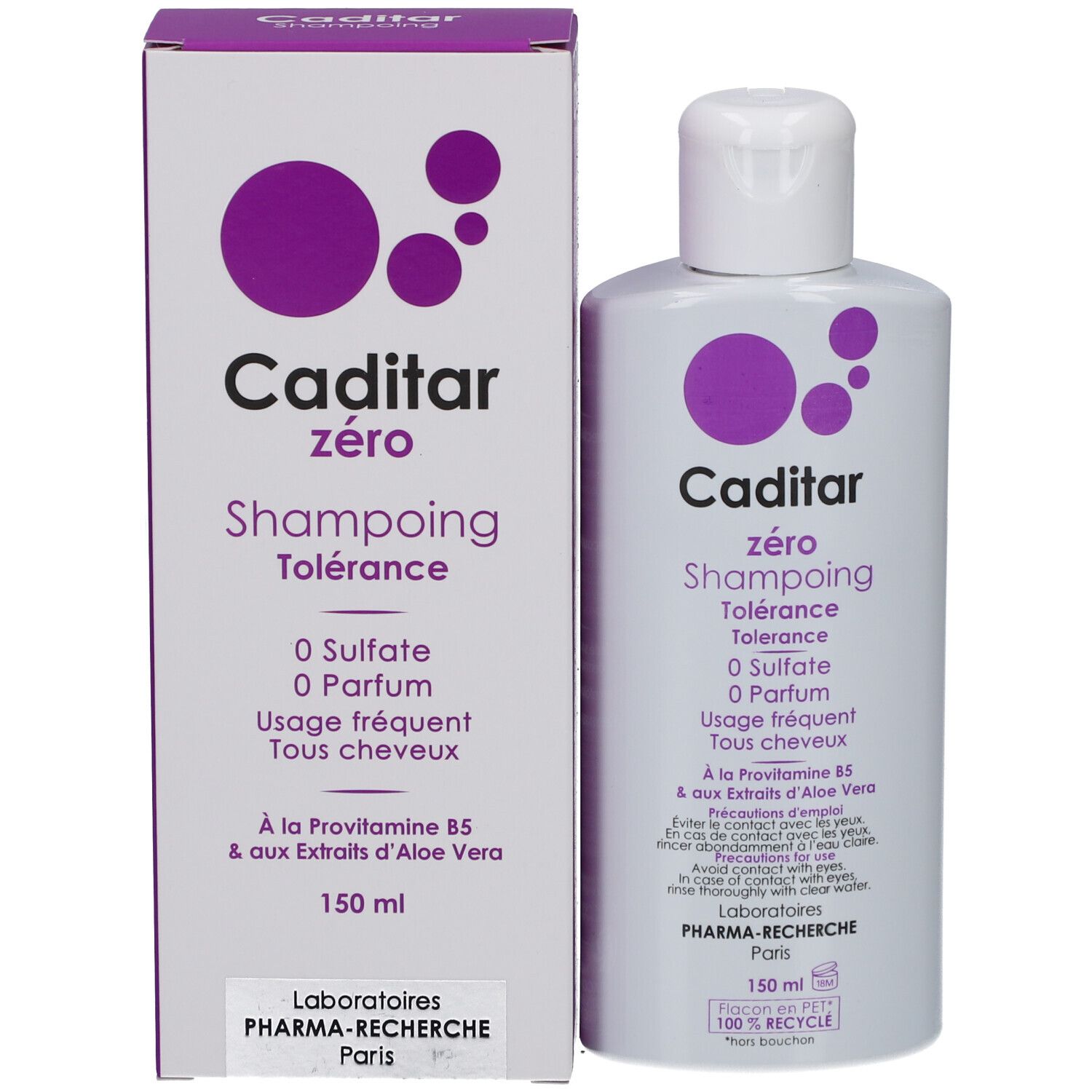 Caditar Zero Shampooing en verpakking. Witte fles en doos met paarse accenten. Tekst: 0 Sulfaat, 0 Parfum. 150 ml.
