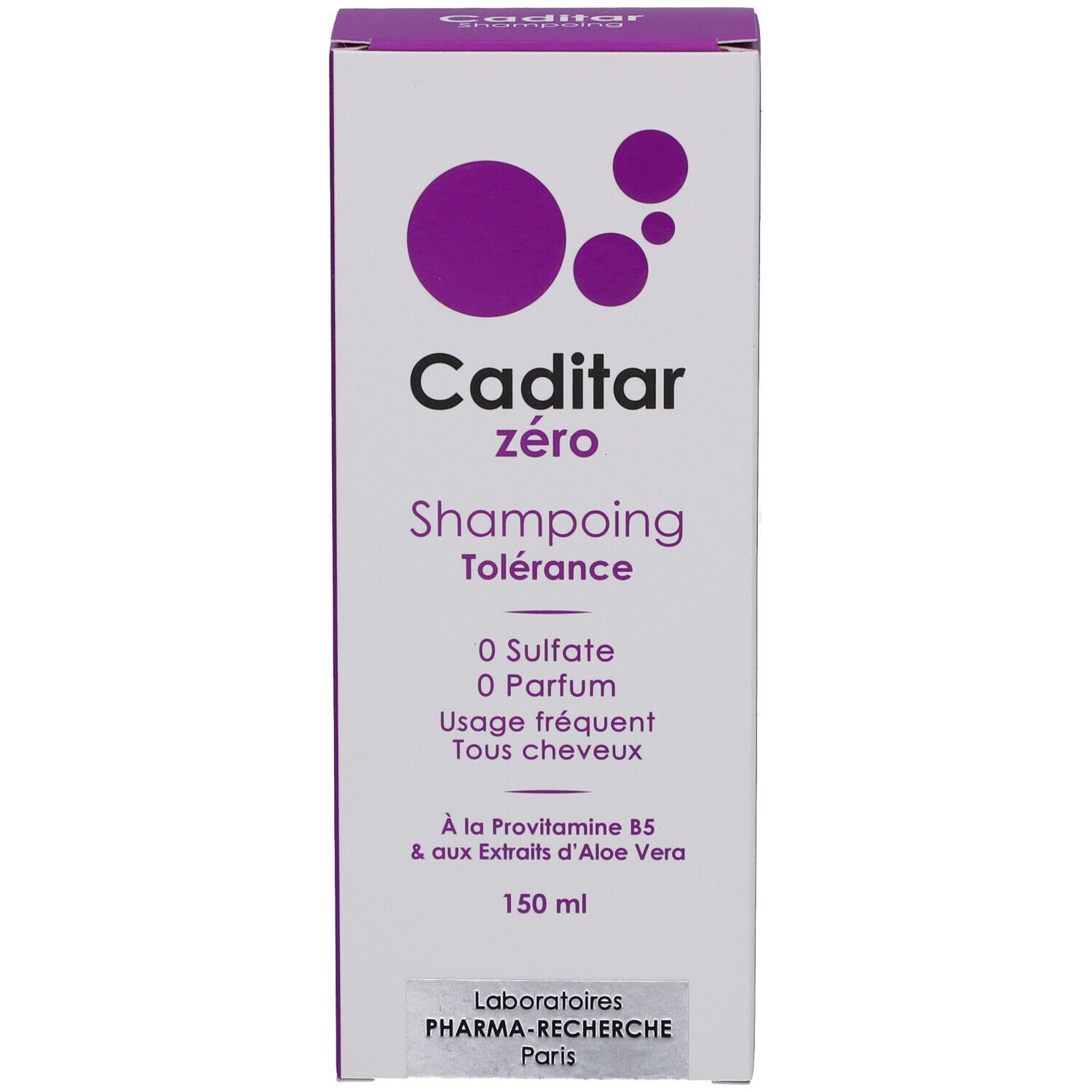 Caditar Zero Shampooing. Witte verpakking met paarse accenten. Tekst: 0 Sulfaat, 0 Parfum. 150 ml. Laboratoires Pharma-Recherche Paris.