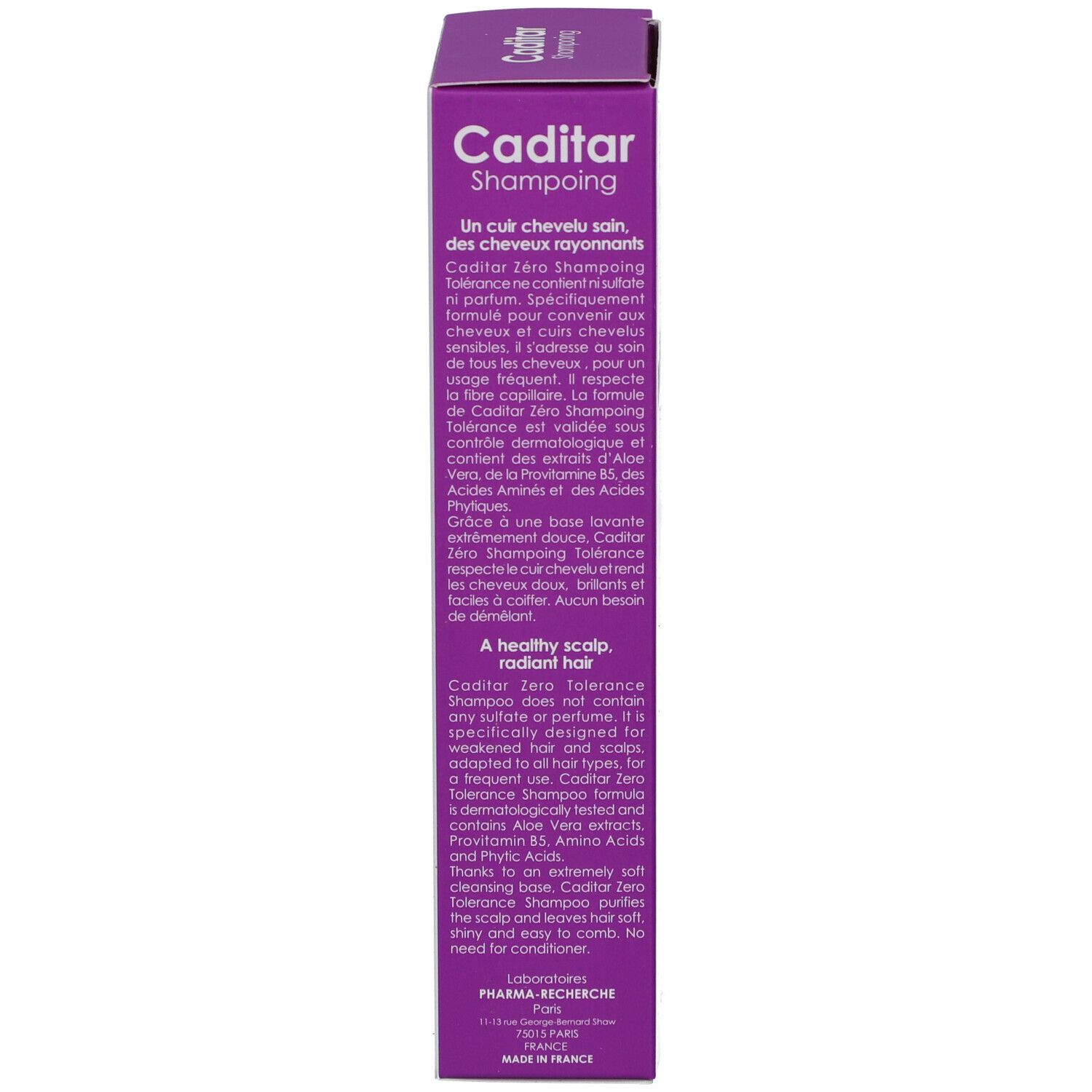 Caditar Zero Shampooing verpakking. Achterkant met tekst. Ingrediënten, gebruiksaanwijzing, waarschuwingen. 150 ml.