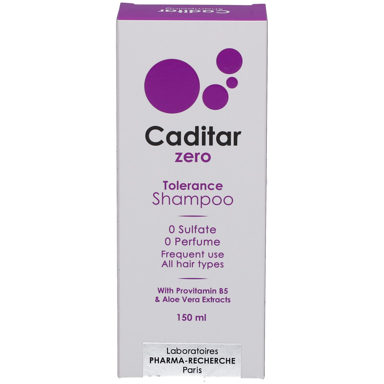 Caditar Zero Shampooing. Witte verpakking met paarse cirkels. Tekst: 0 Sulfaat, 0 Parfum. Alle haartypes. 150 ml.