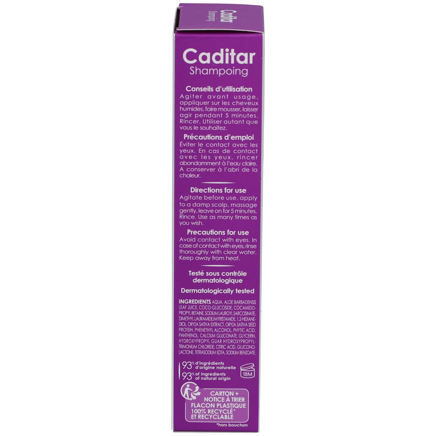 Caditar Zero Shampooing verpakking. Achterkant met tekst. Ingrediënten, gebruiksaanwijzing, waarschuwingen. 150 ml.