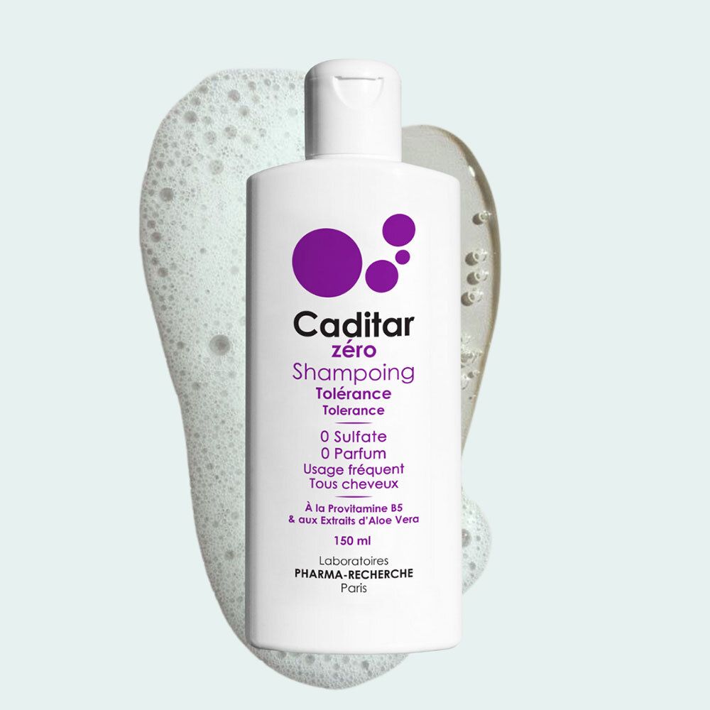 Caditar Zero Shampooing. Emballage blanc avec cercles violets. Texte: 0 Sulfate, 0 Parfum. Tous types de cheveux. 150 ml.