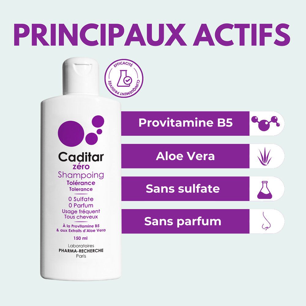 Caditar Zero Shampooing. Emballage blanc avec cercles violets. Texte: 0 Sulfate, 0 Parfum. Tous types de cheveux. 150 ml.