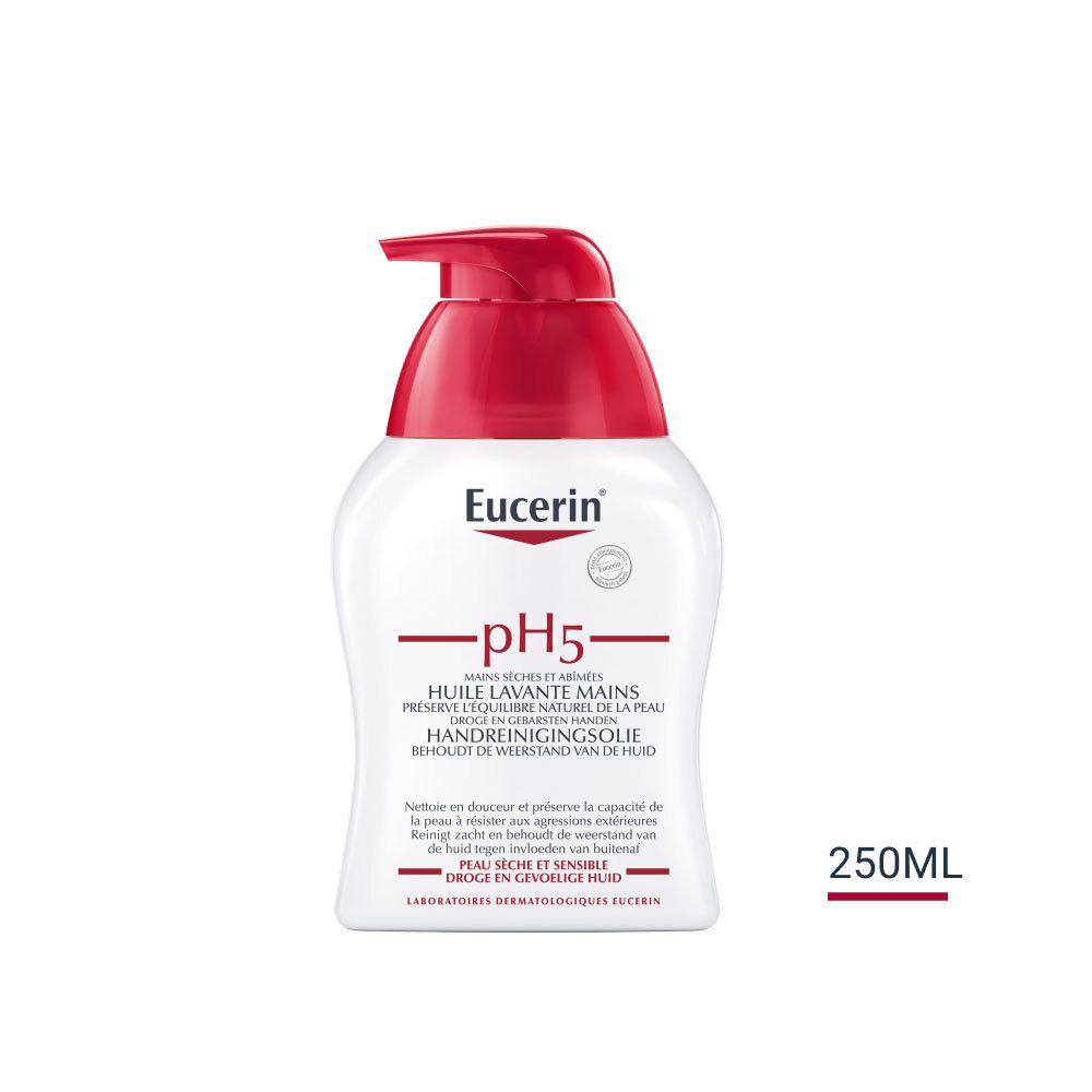 Eucerin pH5 Handreinigingsolie. Witte fles met rode pomp. Tekst: pH5, Handreinigingsolie, 250ml.