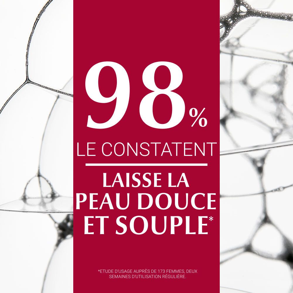 Tekst: 98% bevestigen dat de huid zacht en soepel is. Achtergrond: zeepbellen.