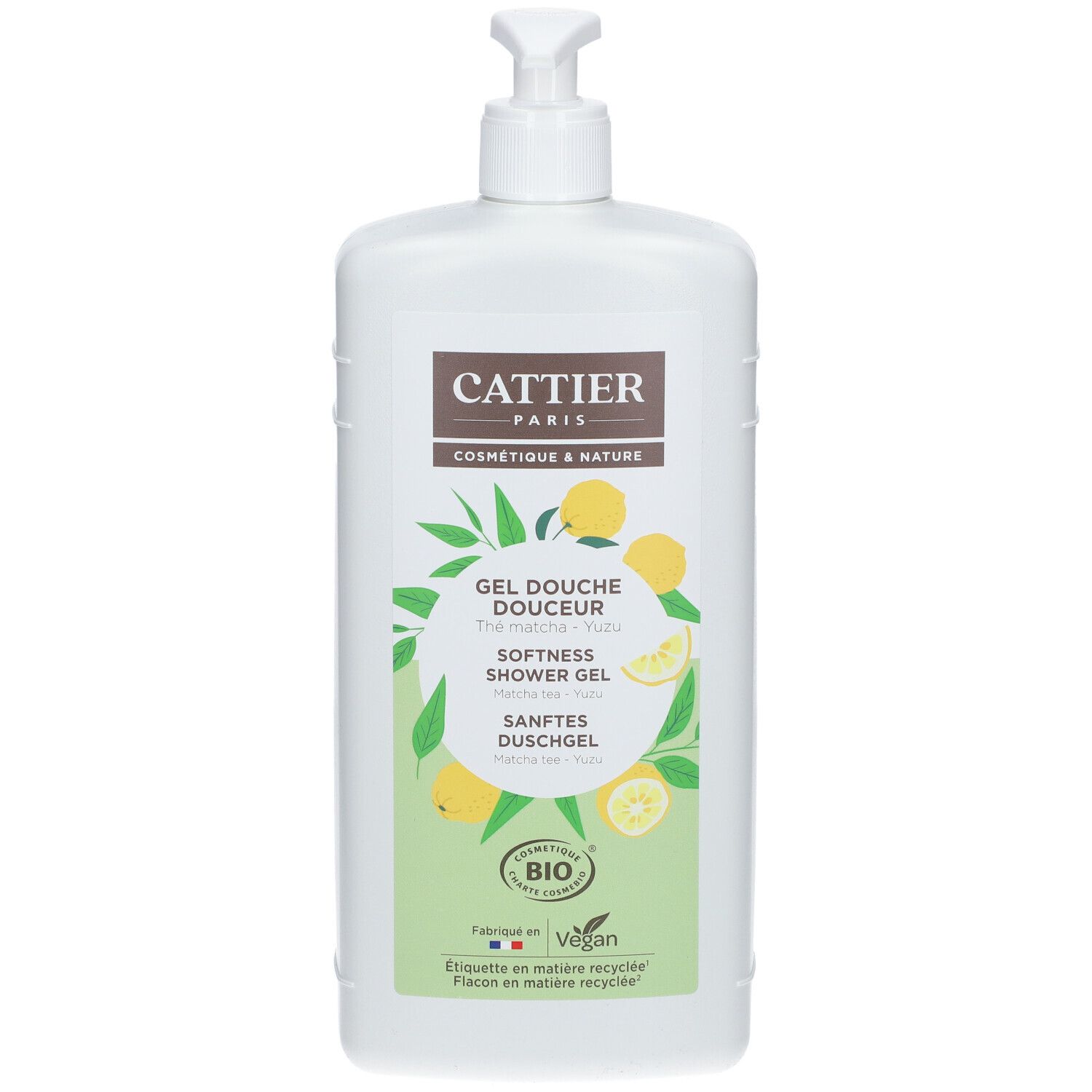 Flacon blanc avec pompe. Étiquette avec nom du produit, illustrations de citrons et label bio. Texte: CATTIER, Gel Douche Douceur, Softness Shower Gel.