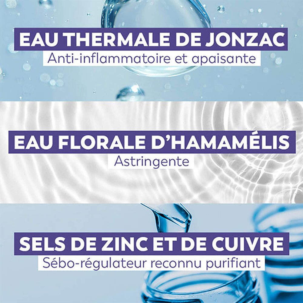 Tekstafbeelding met ingrediënten: Thermaal water, hamamelisbloemenwater, zink- en kopers zouten.
