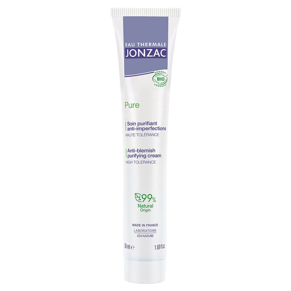 Tube blanc avec accents violets. Texte : Jonzac, Pure, anti-imperfections. Certification bio. 99% d'origine naturelle.