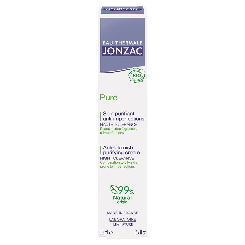 Emballage carton. Texte : Jonzac, Pure, anti-imperfections. Certification bio. 99% origine naturelle. Pour peaux mixtes.