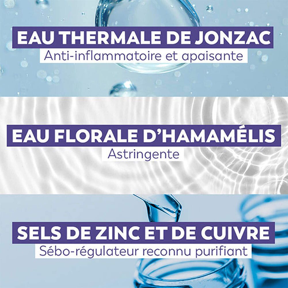 Close-up van waterdruppels. Tekst: Eau Thermale de Jonzac, Eau florale d'hamamélis, Sels de zinc et de cuivre.