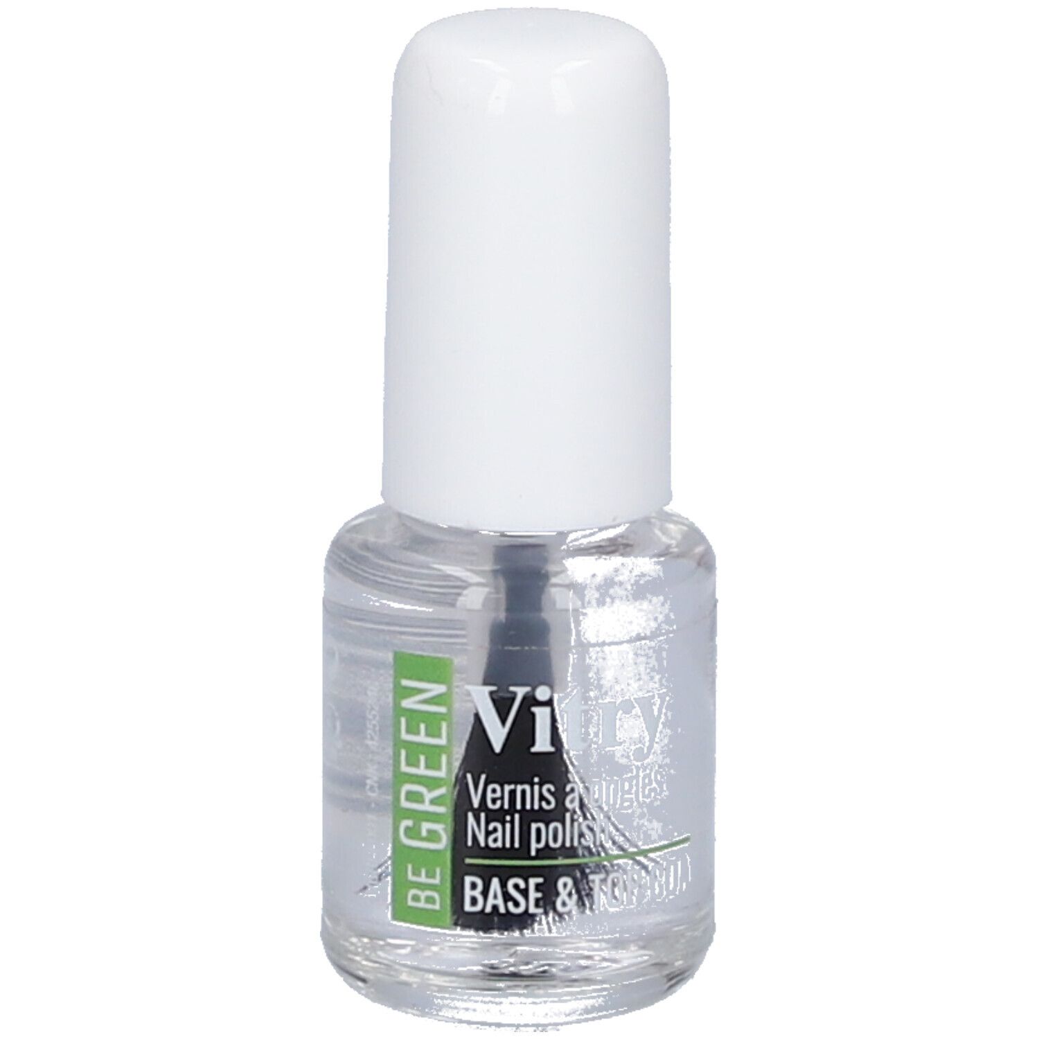 Flacon de vernis à ongles transparent avec bouchon blanc. Inscription : BE GREEN, Vi, BASE & TOP COAT.