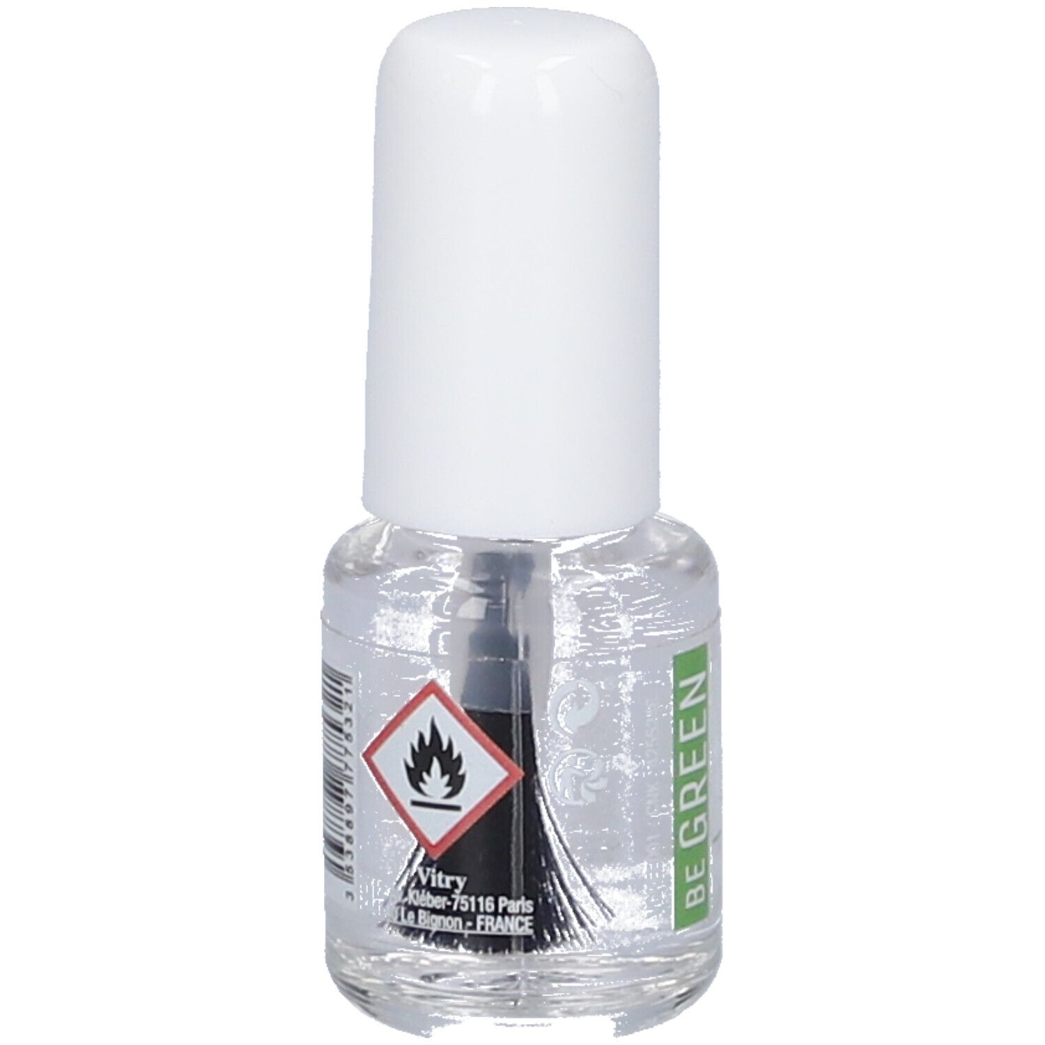 Flacon de vernis à ongles transparent avec bouchon blanc. Inscription : BE GREEN, Vitry. Symbole de danger : flamme.