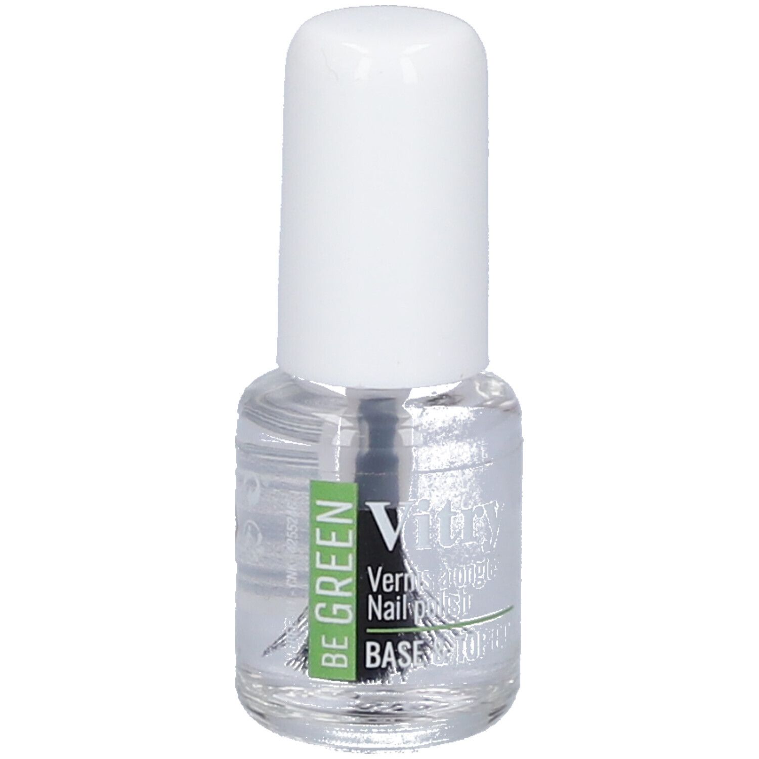 Flacon de vernis à ongles transparent avec bouchon blanc. Inscription : BE GREEN, Vi, BASE & TOP COAT.