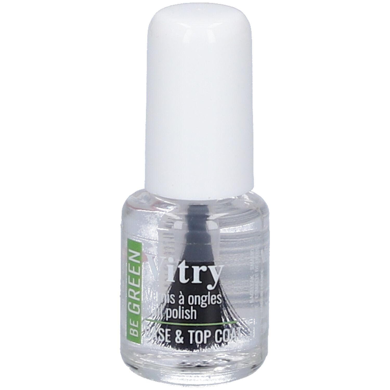 Flacon de vernis à ongles transparent avec bouchon blanc. Inscription : BE GREEN, Vitry, BASE & TOP COAT.