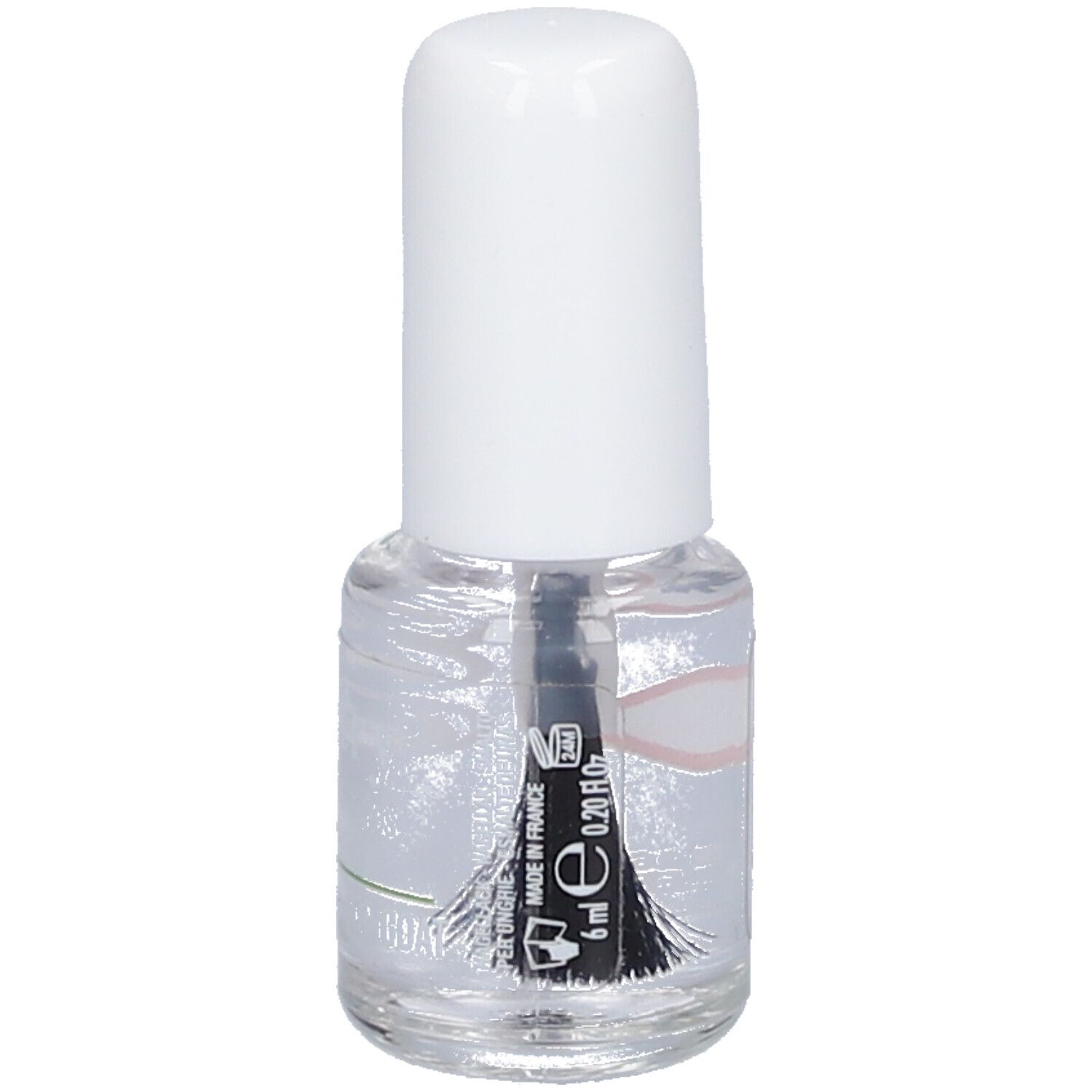 Flacon de vernis à ongles transparent avec bouchon blanc. Inscription : 6 ml, 0.20 fl oz. Fabriqué en France.