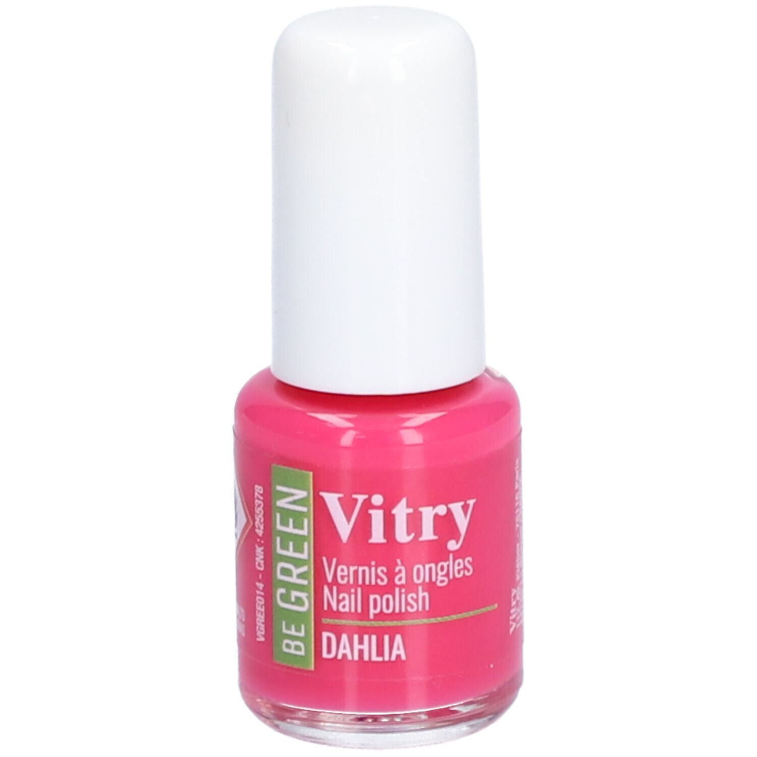 Flacon de vernis à ongles rose avec bouchon blanc. Inscriptions : Vitry, BE GREEN, Dahlia. Inscriptions en français.