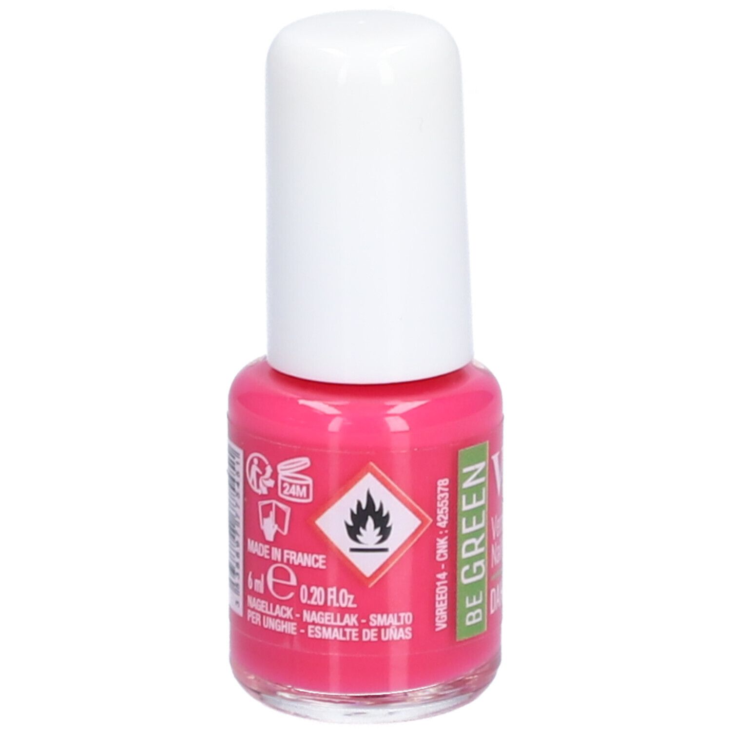 Flacon de vernis à ongles rose avec bouchon blanc. Symboles d'avertissement et inscriptions françaises. Inscription : BE GREEN.
