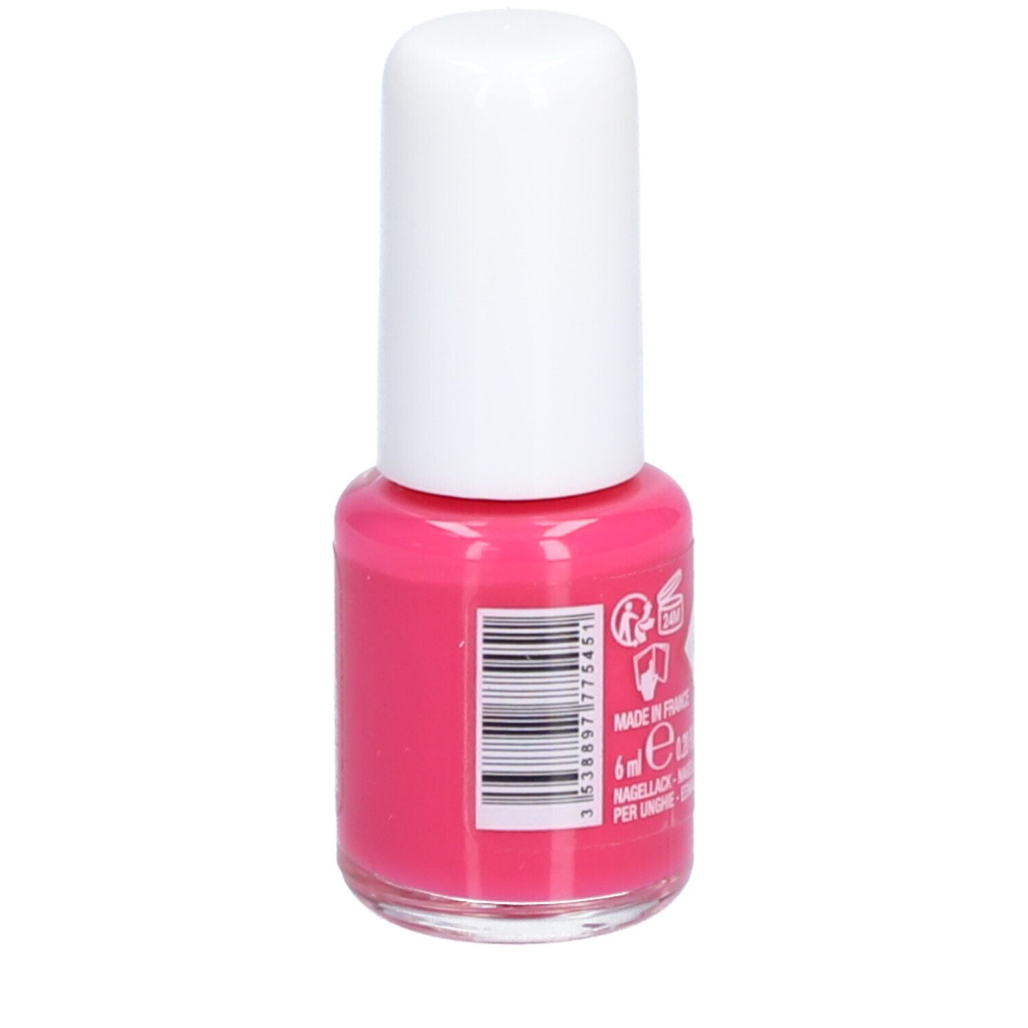 Dos d'un flacon de vernis à ongles rose avec bouchon blanc. Code-barres et inscriptions françaises.