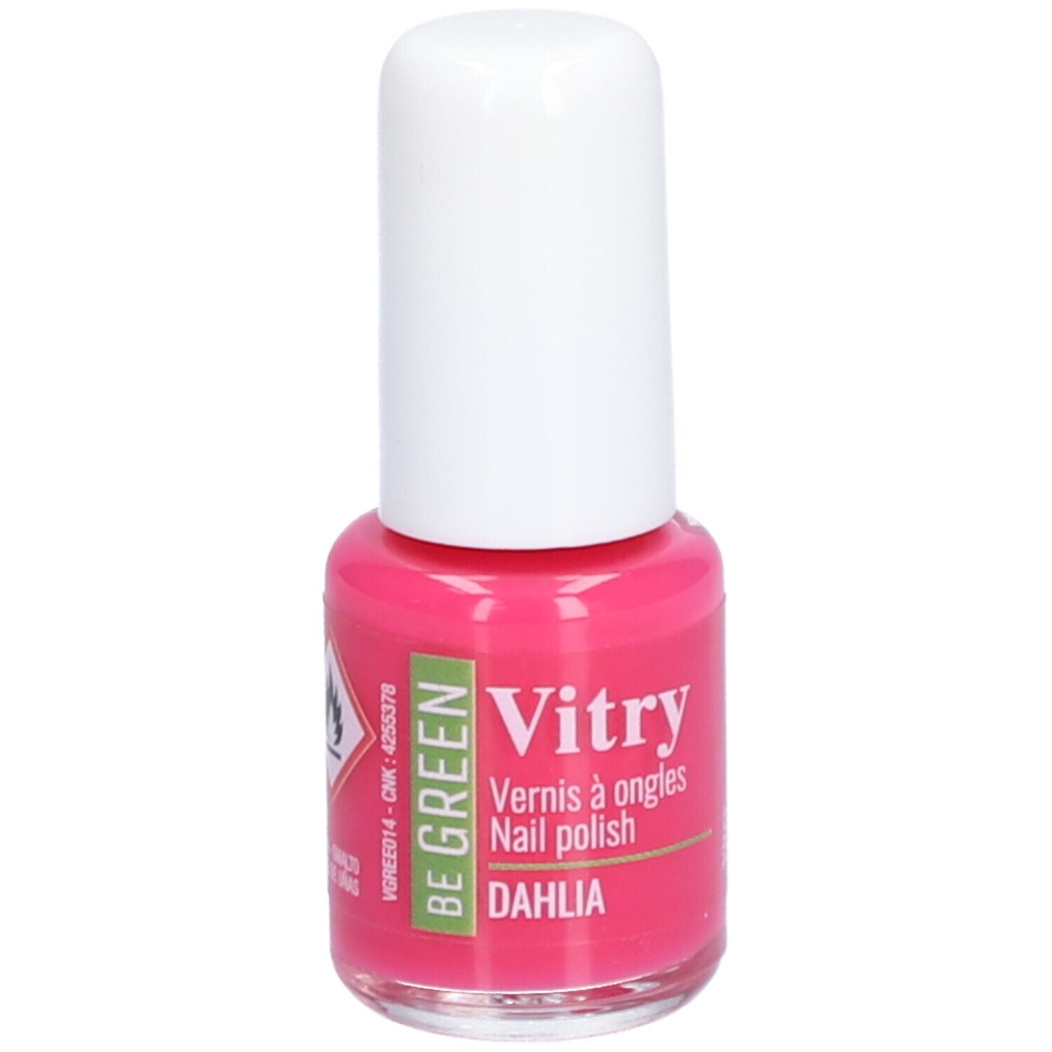 Flacon de vernis à ongles rose avec bouchon blanc. Inscriptions : Vitry, BE GREEN, Dahlia. Inscriptions en français.