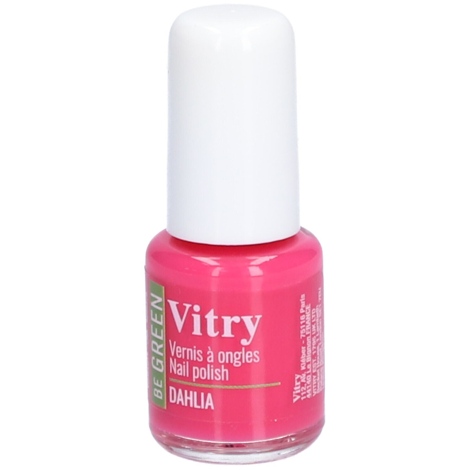Flacon de vernis à ongles rose avec bouchon blanc. Inscriptions : Vitry, BE GREEN, Dahlia. Inscriptions en français.