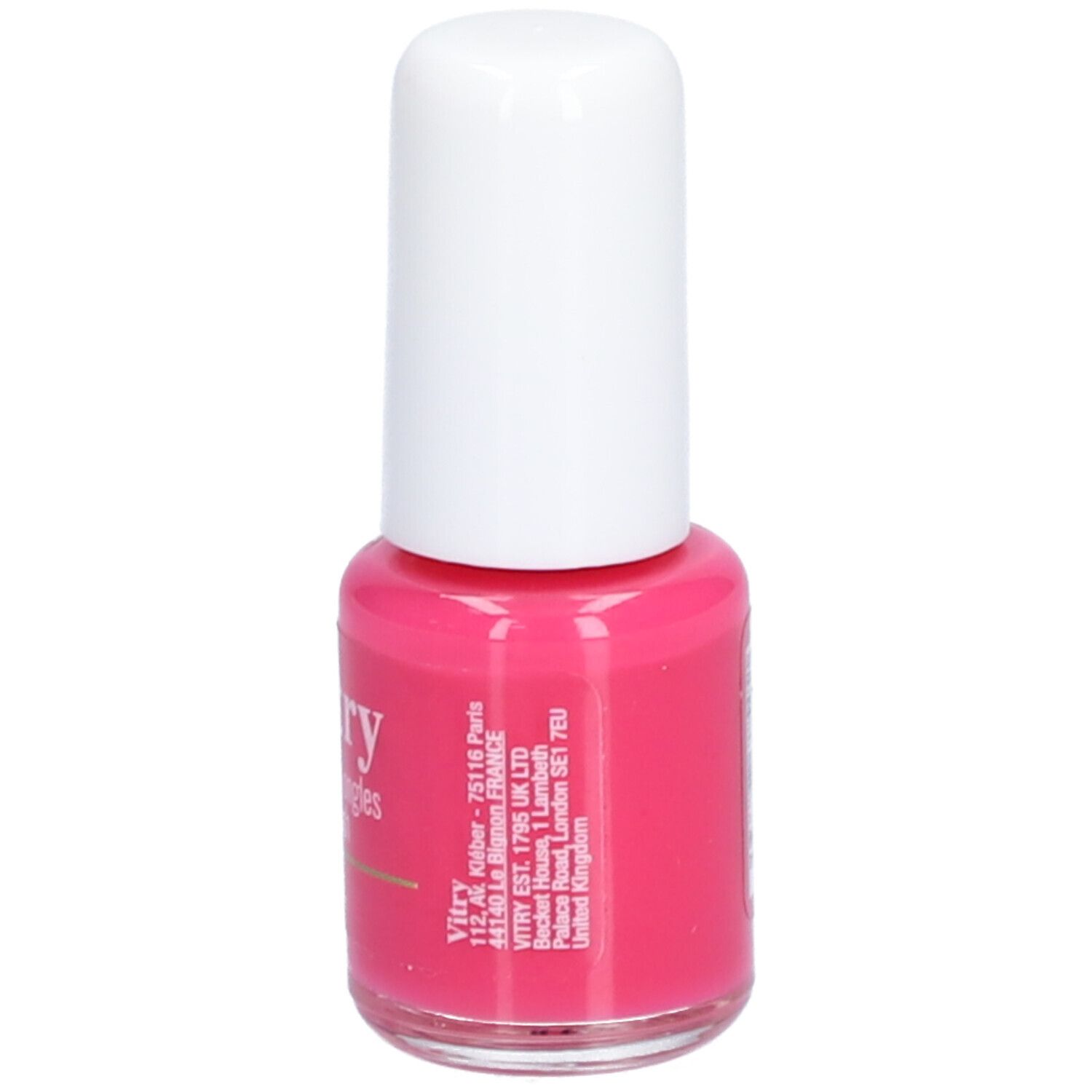 Flacon de vernis à ongles rose avec bouchon blanc. Inscriptions françaises et informations d'adresse.