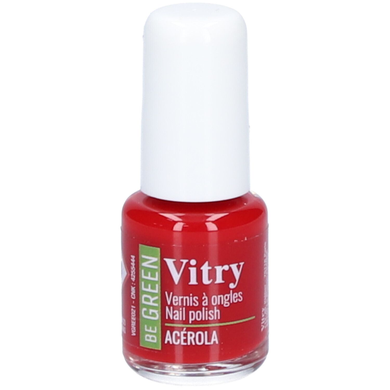 Rode nagellakfles met witte dop. Opschrift: Vitry, Be Green, Nagellack, Acerola.