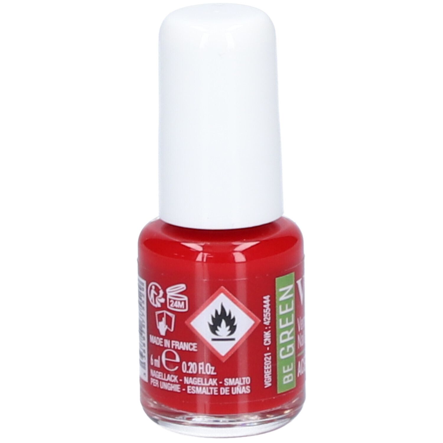 Rode nagellakfles met witte dop. Opschriften: 6ml, 0.20 fl.oz, vlam-symbool, Be Green, nagellak.