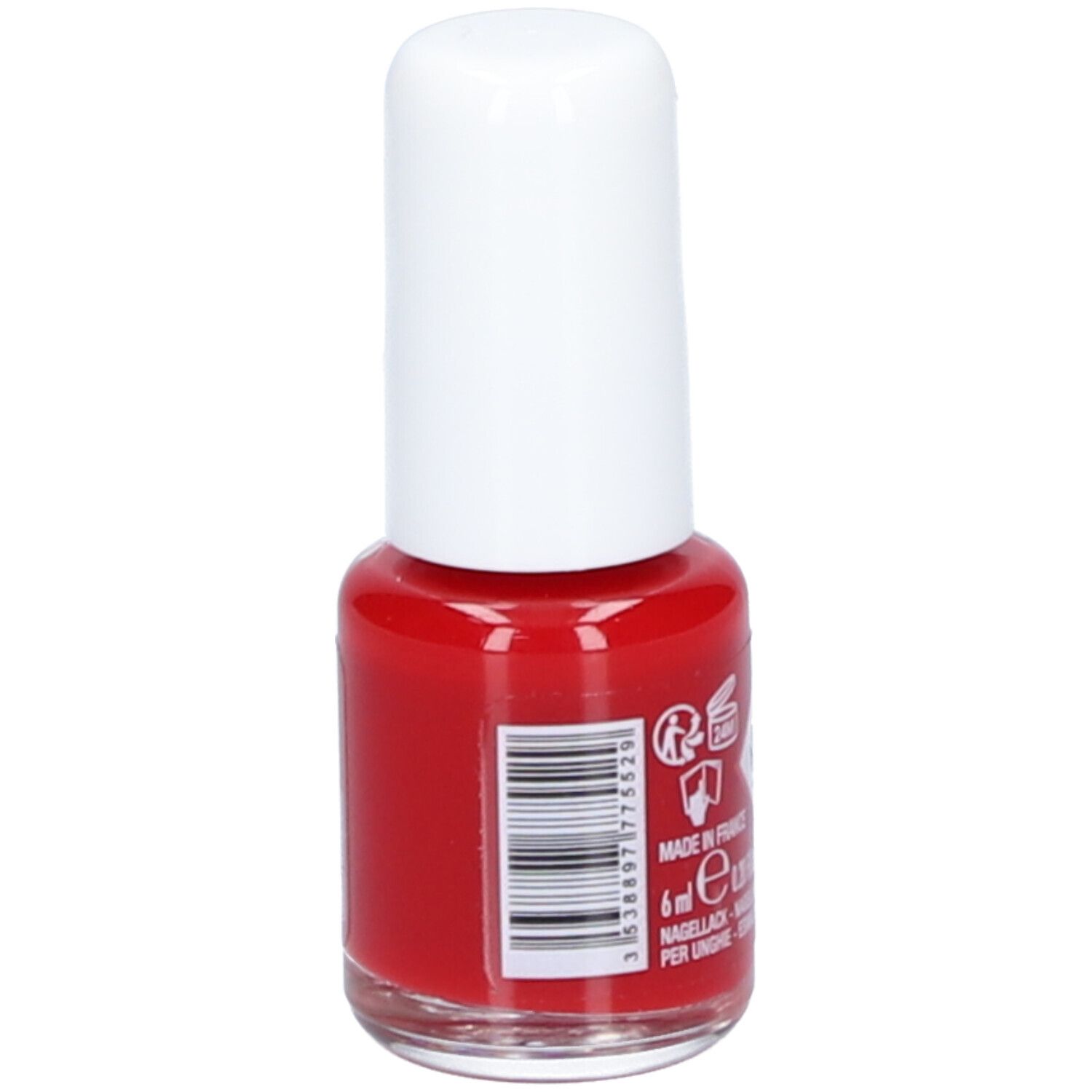 Rode nagellakfles met witte dop. Barcode en tekst: 6ml, nagellak, Smalto per unghie, Esmalte de uñas.