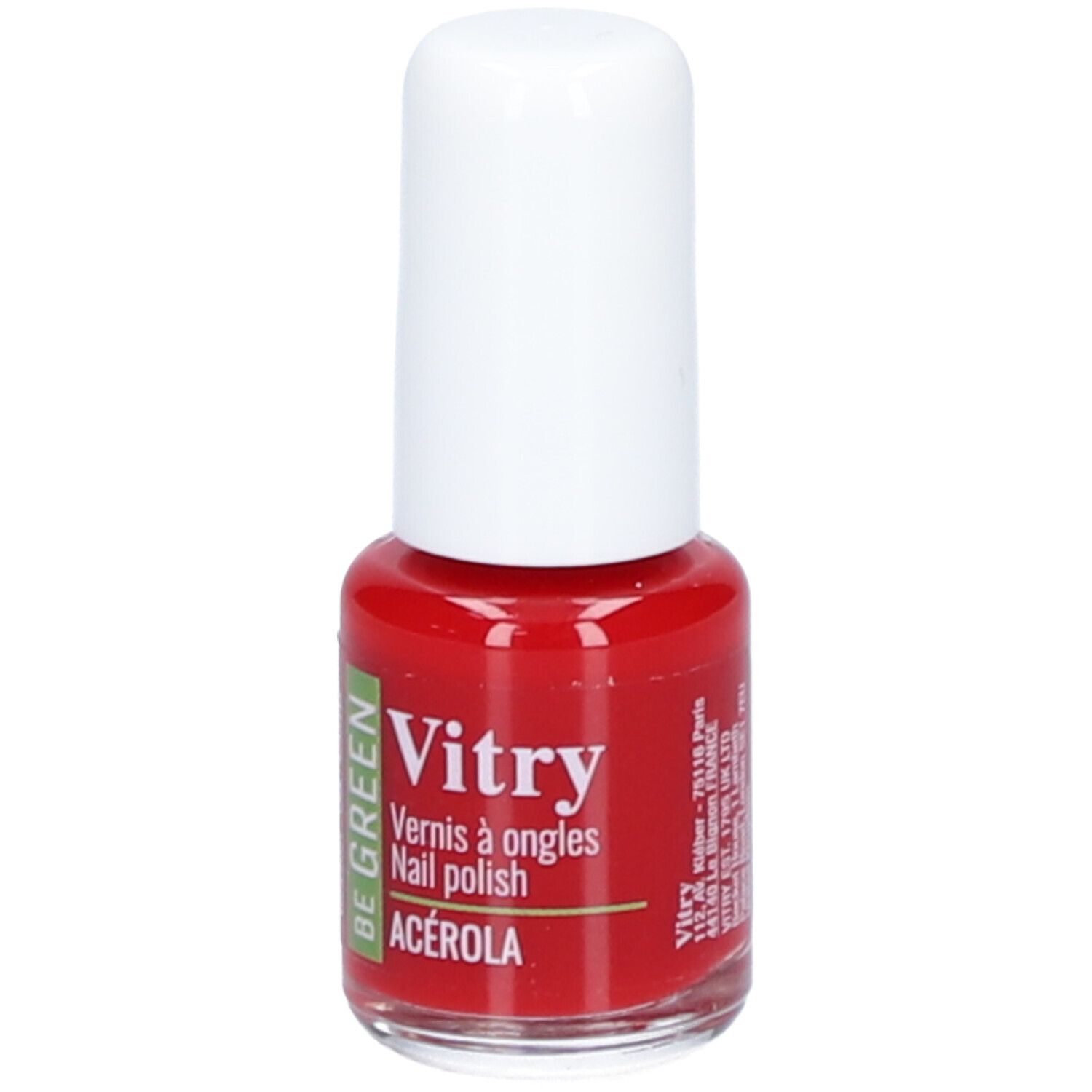 Rode nagellakfles met witte dop. Opschriften: Vitry, Be Green, Nagellack, Acerola, adres.