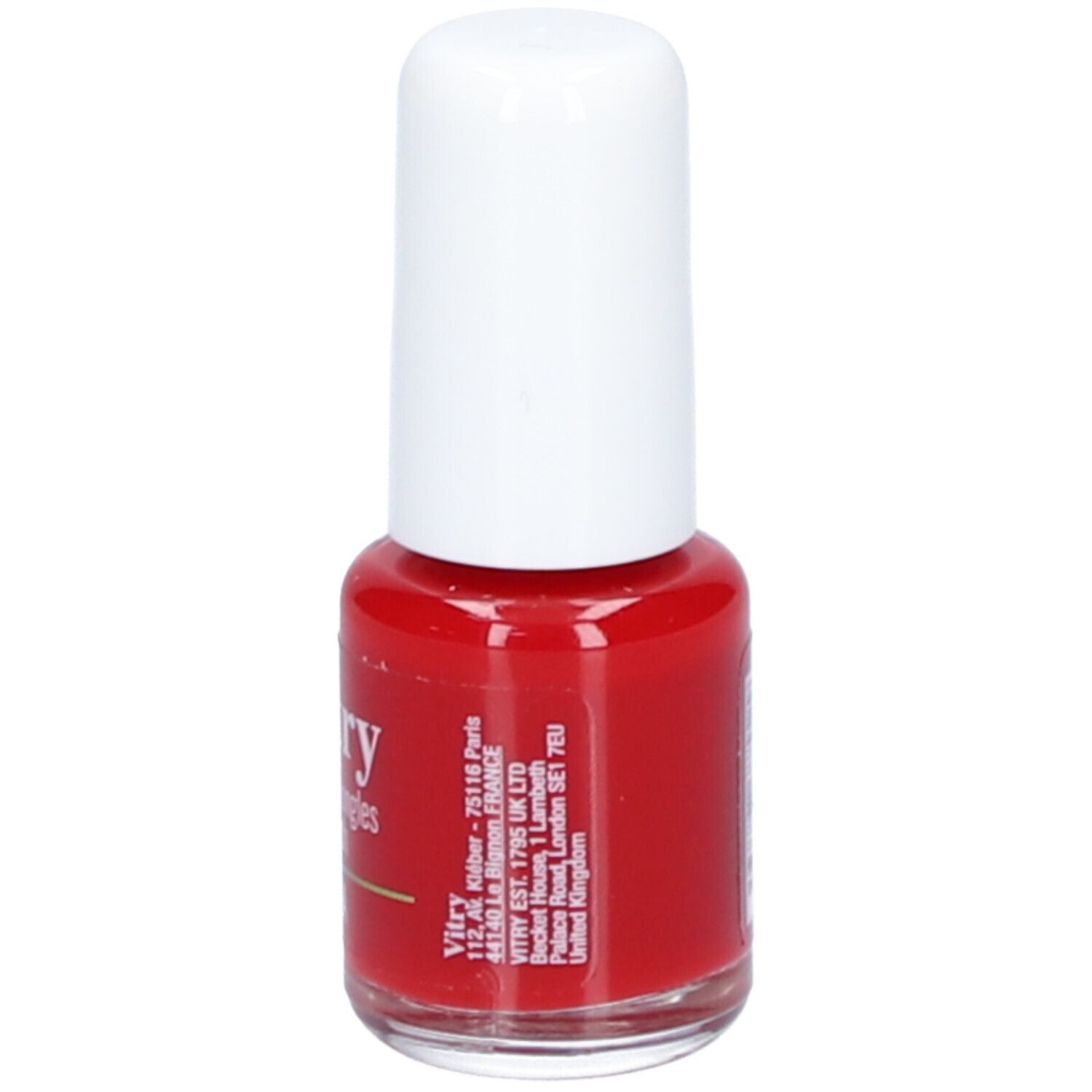 Rode nagellakfles met witte dop. Opschriften: Vitry, nagellak, adres, gemaakt in Frankrijk.