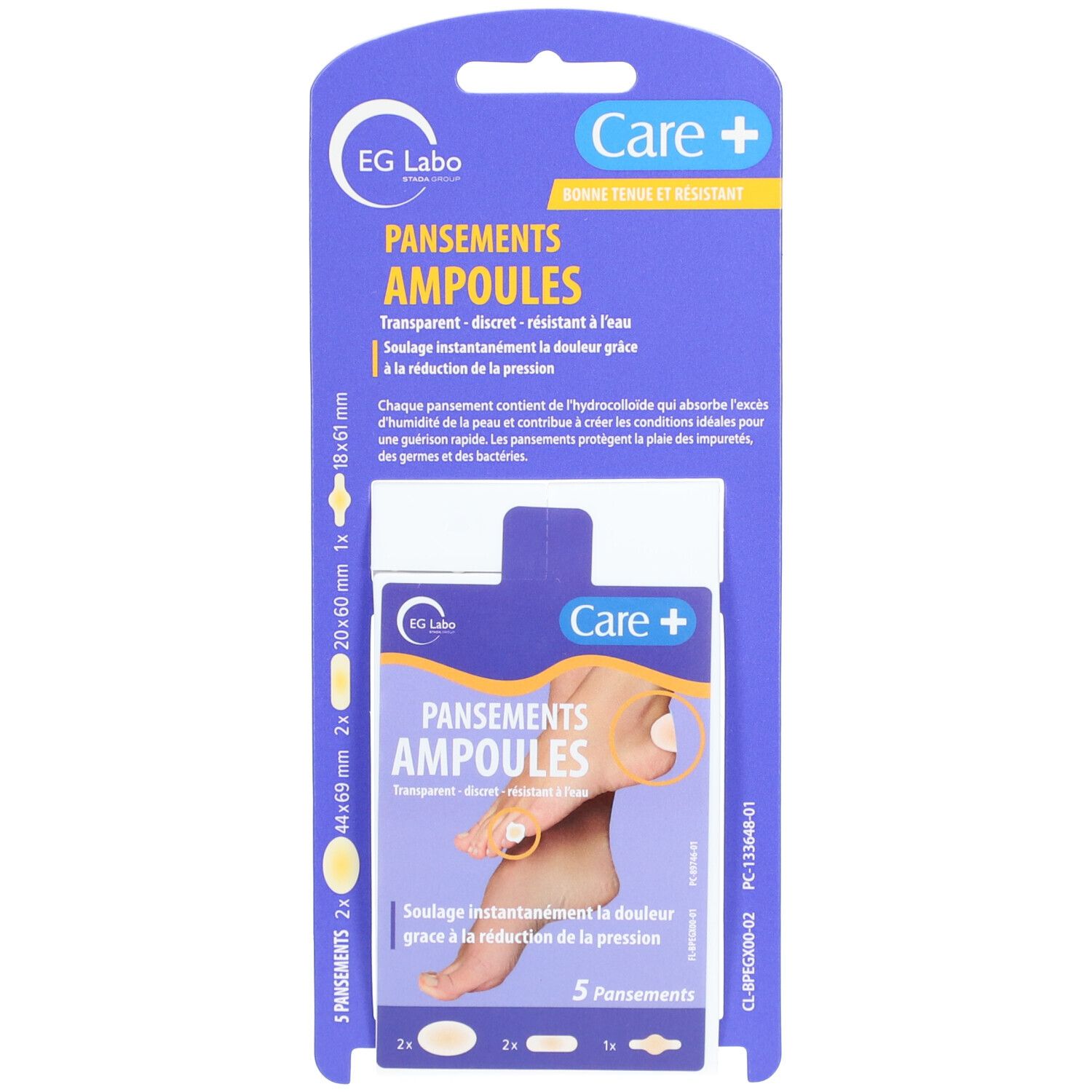 Verpakking met hydrocolloïde pleisters. Bevat 5 pleisters in verschillende maten. Merk Care+.