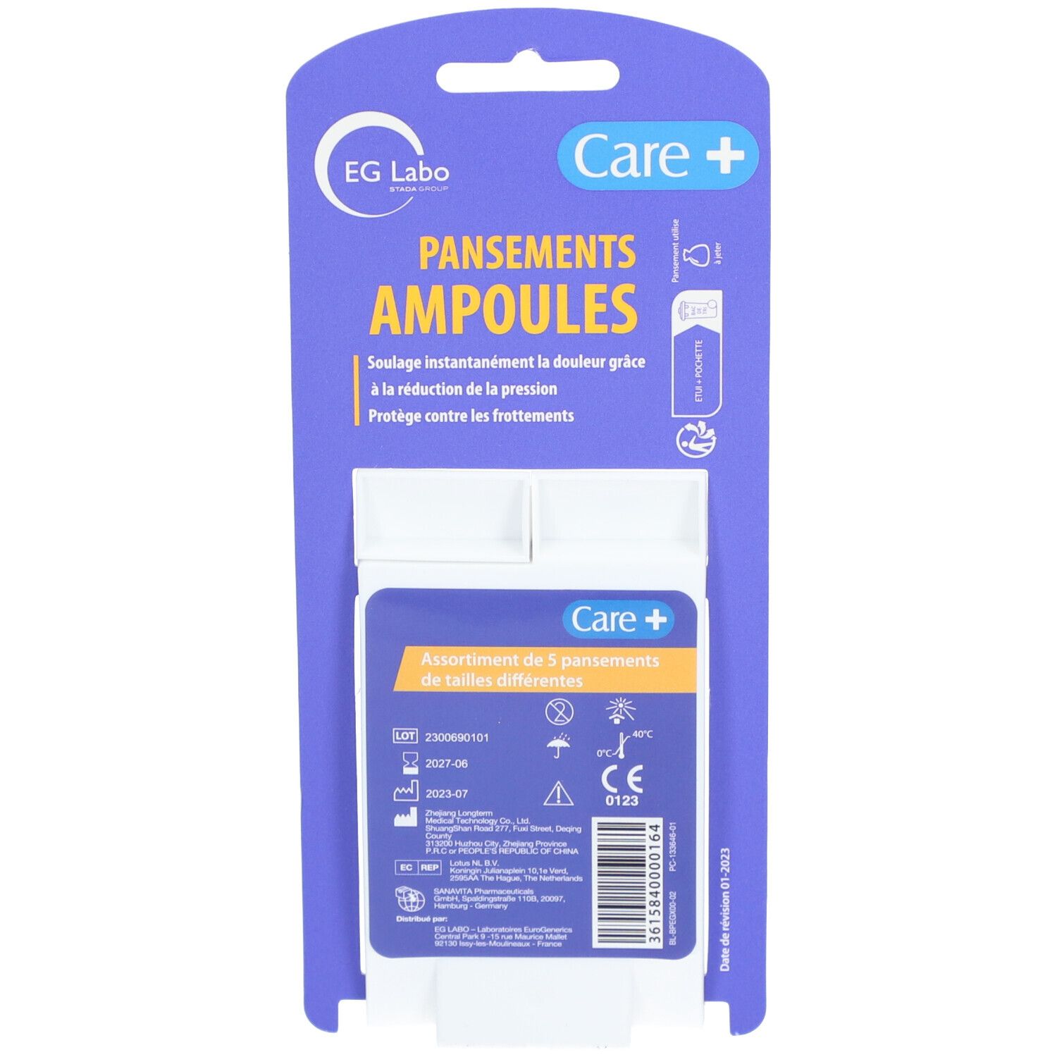 Verpakking met hydrocolloïde pleisters. Bevat 5 pleisters. Merk Care+. CE-markering.