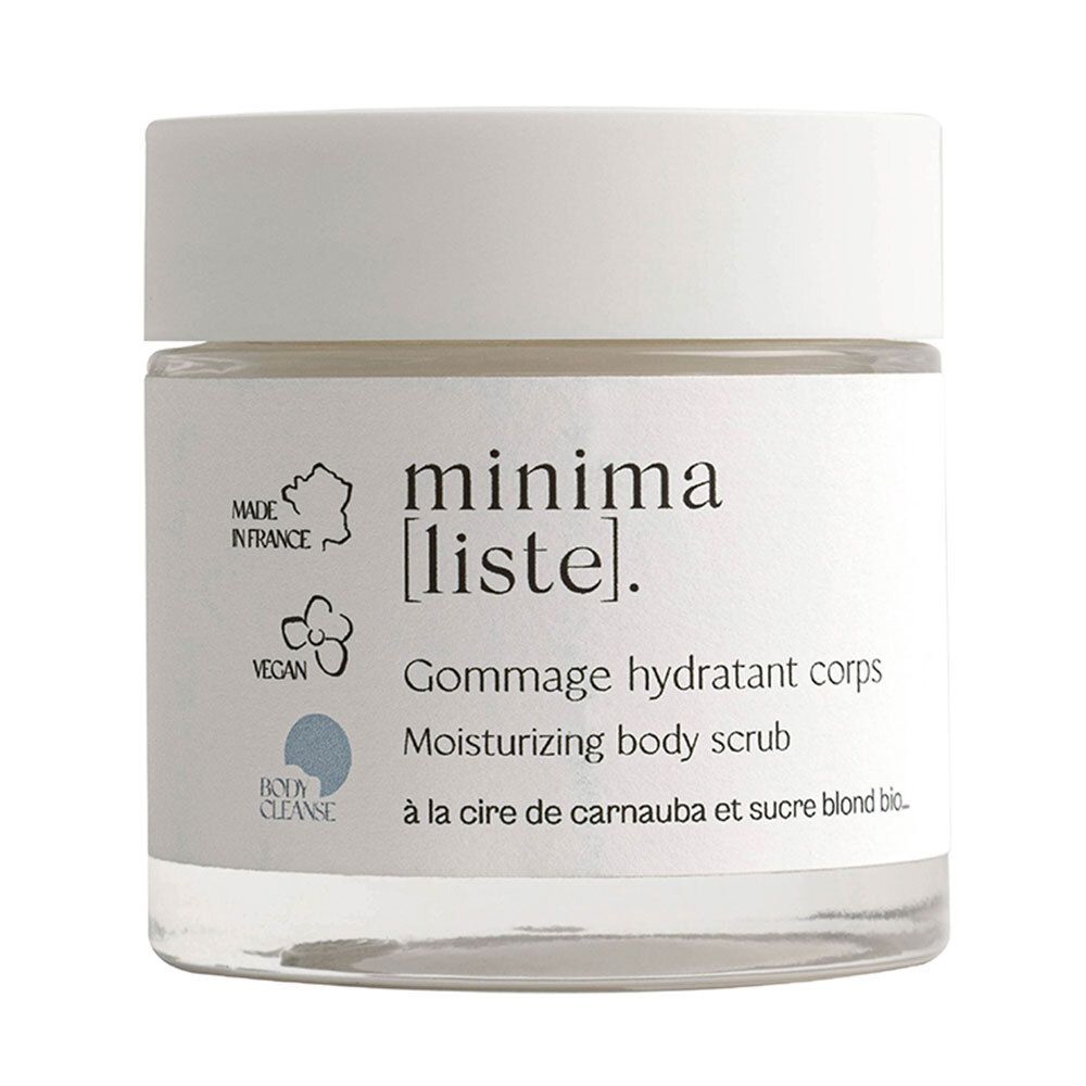 Pot en verre avec couvercle blanc. Étiquette avec logo, texte et illustrations. Nom du produit: Gommage hydratant corps.