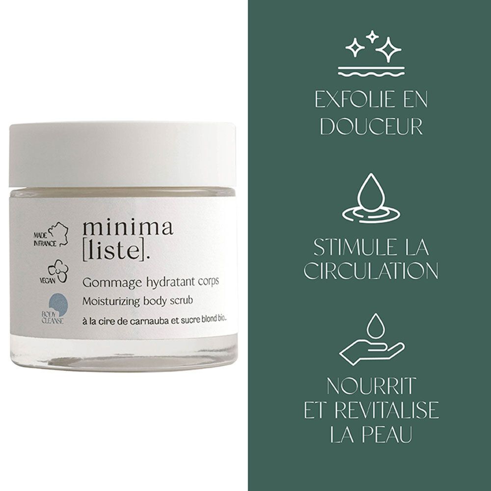Pot en verre avec couvercle blanc. Texte et illustrations sur fond vert. Nom du produit: Gommage hydratant corps.