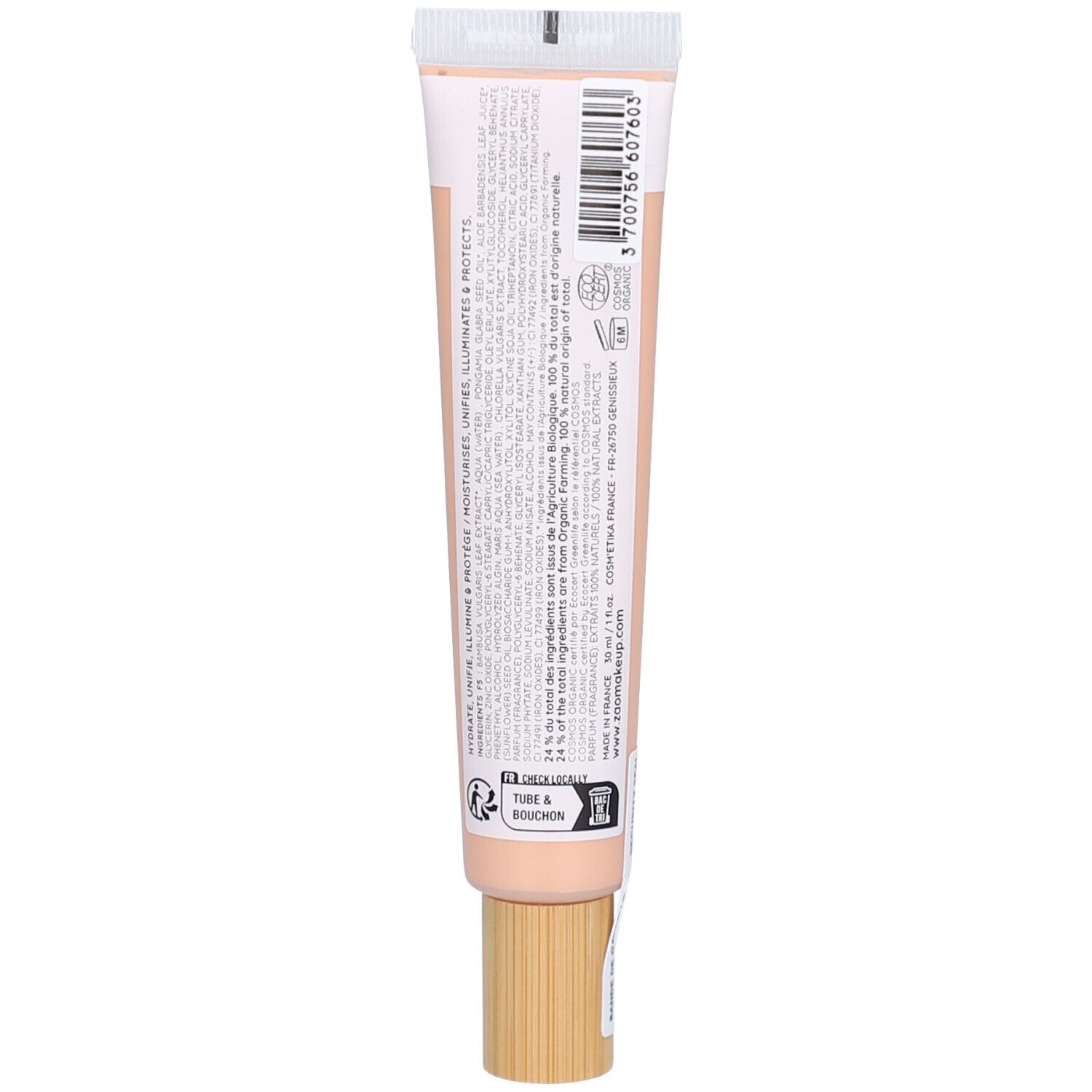Achterkant van de BB Cream tube. Tekst met ingrediënten en fabrikantinfo. Kleur: Clair/Fluid. Houten dop.