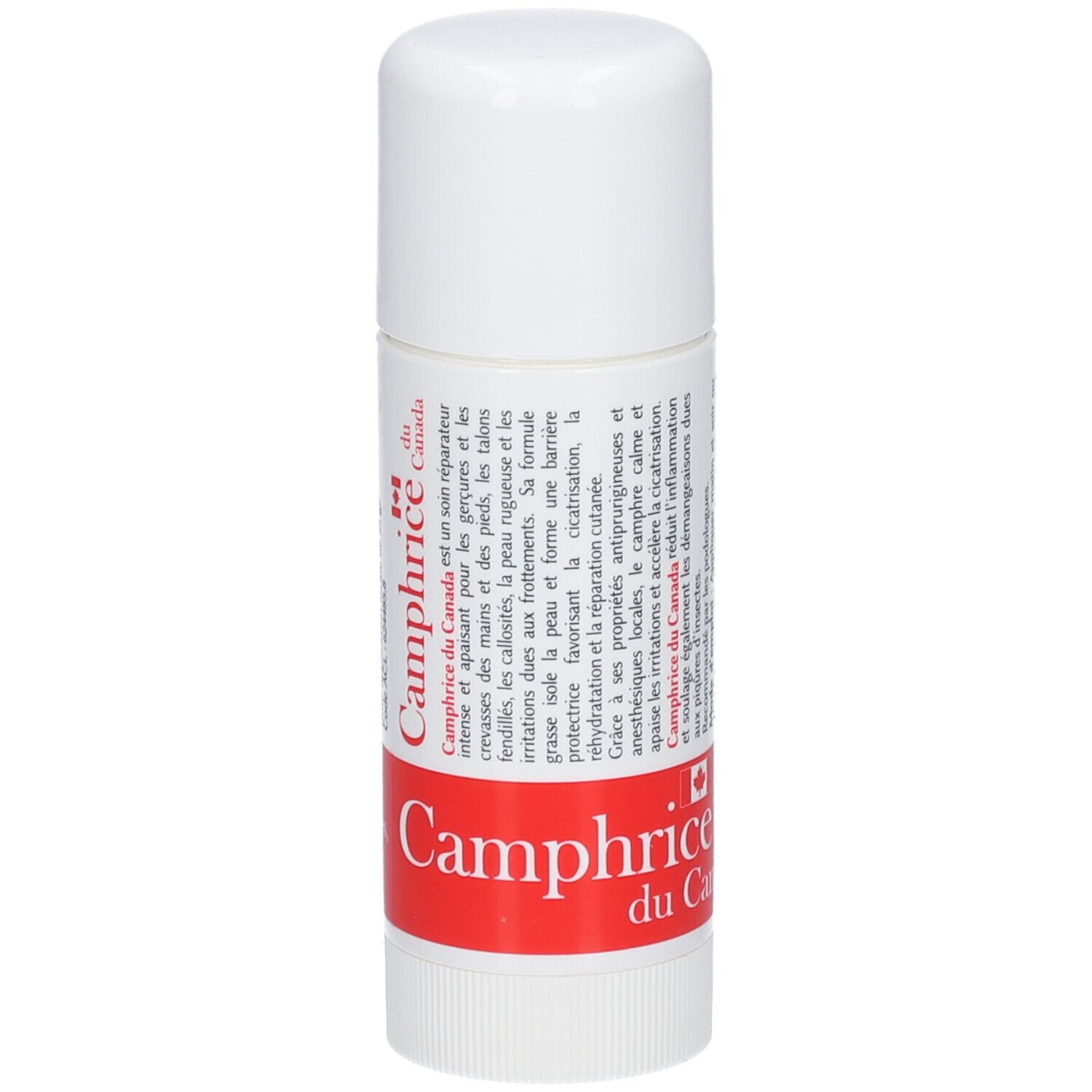 Stick blanc avec bande rouge. Inscription: Camphrice du Canada. Texte en français. Capuchon en haut.