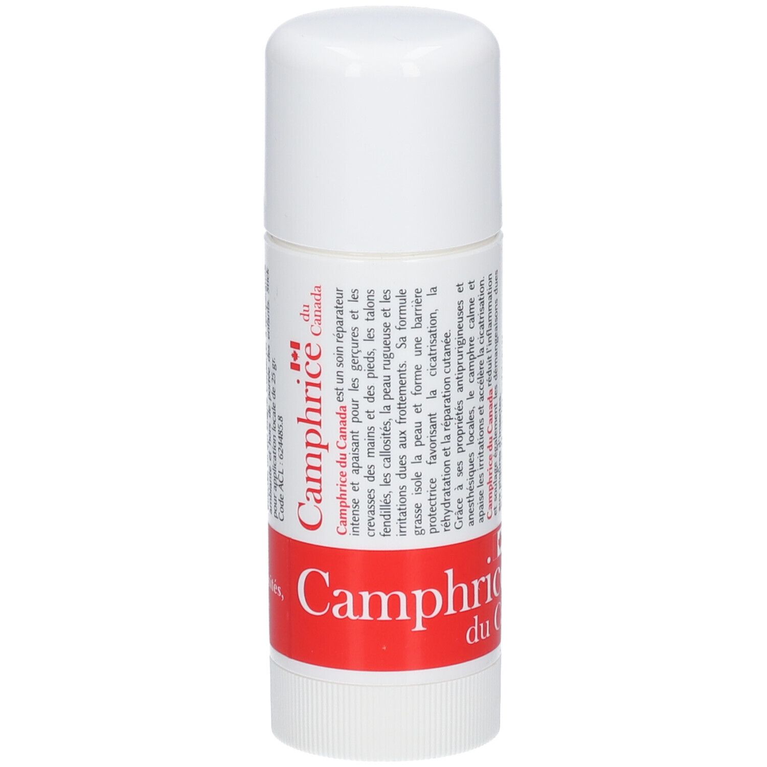 Stick blanc avec bande rouge. Inscription: Camphrice du Canada. Texte en français. Capuchon en haut.