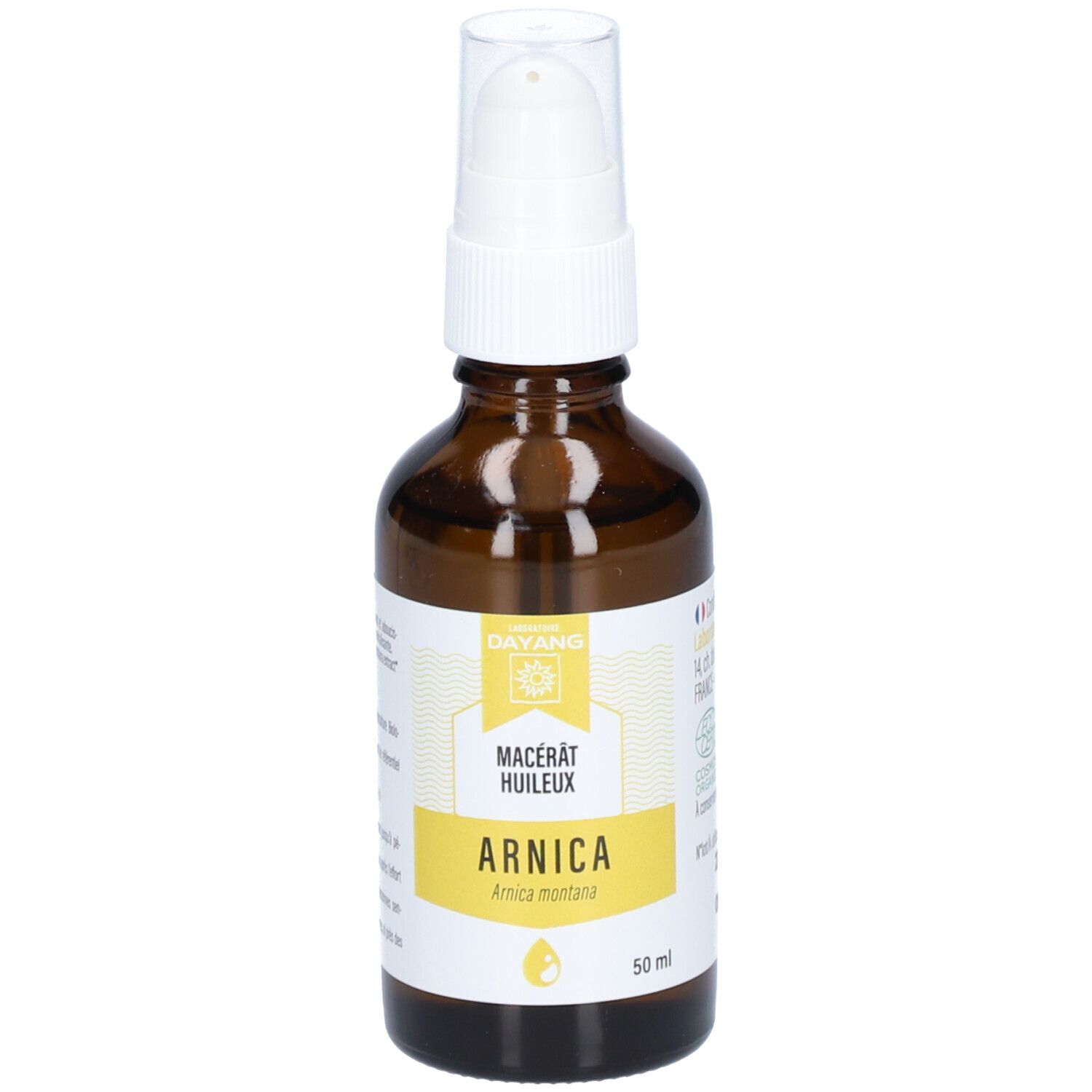 Bruine glazen fles met witte spraykop. Op het etiket staat "ARNICA" en "Macerat Huileux".