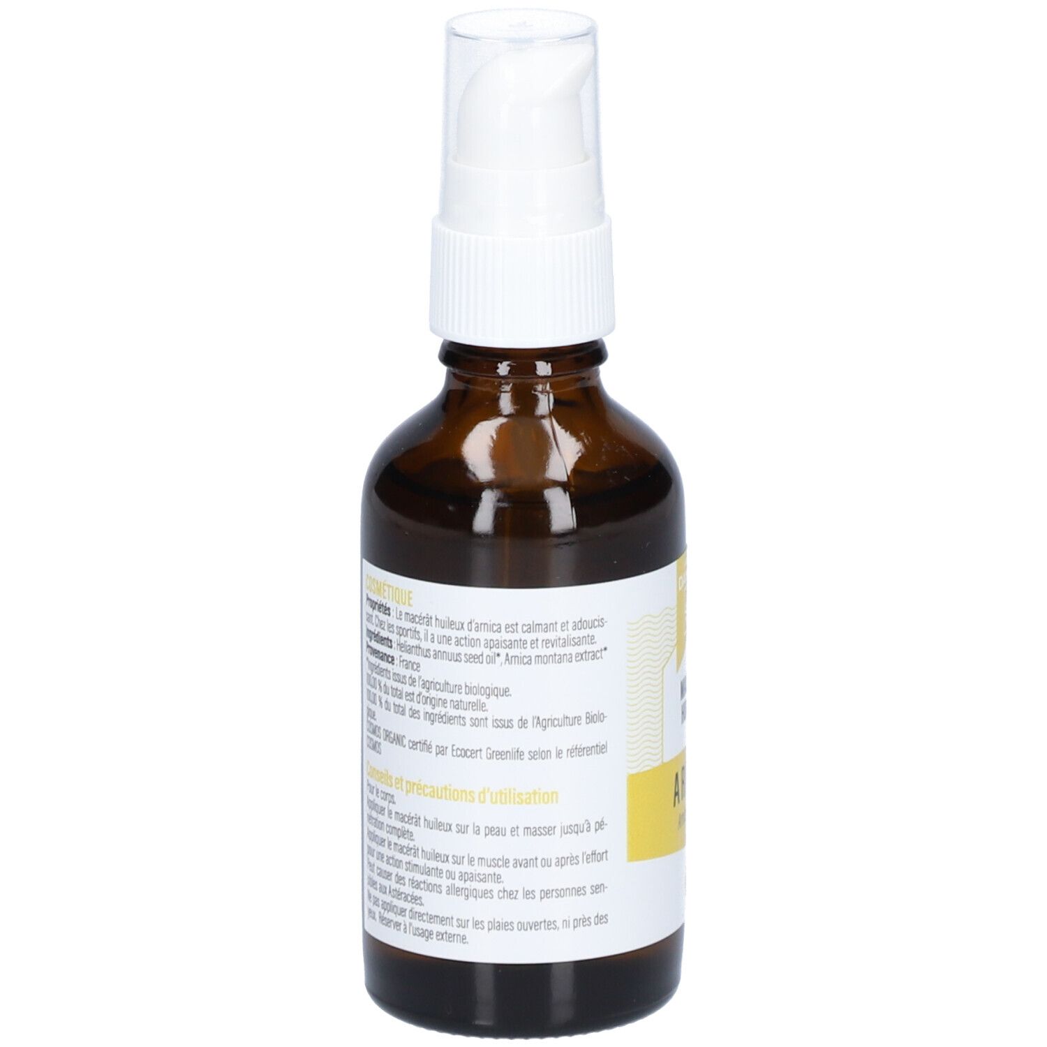 Achteraanzicht van de bruine glazen fles met witte spraykop. Etiket met tekst, waaronder "ARNICA" en ingrediënten.