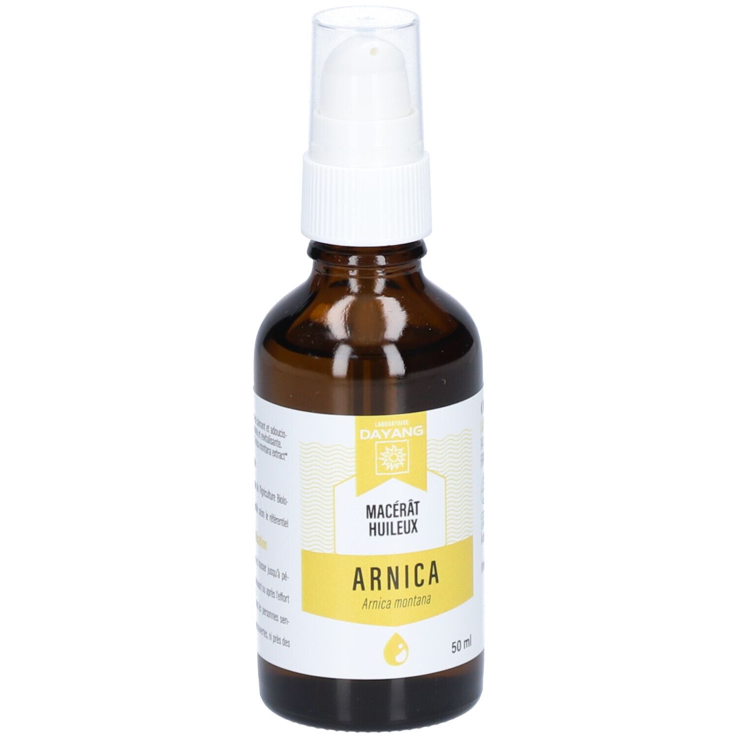 Bruine glazen fles met witte spraykop. Etiket met tekst, waaronder "ARNICA" en logo.