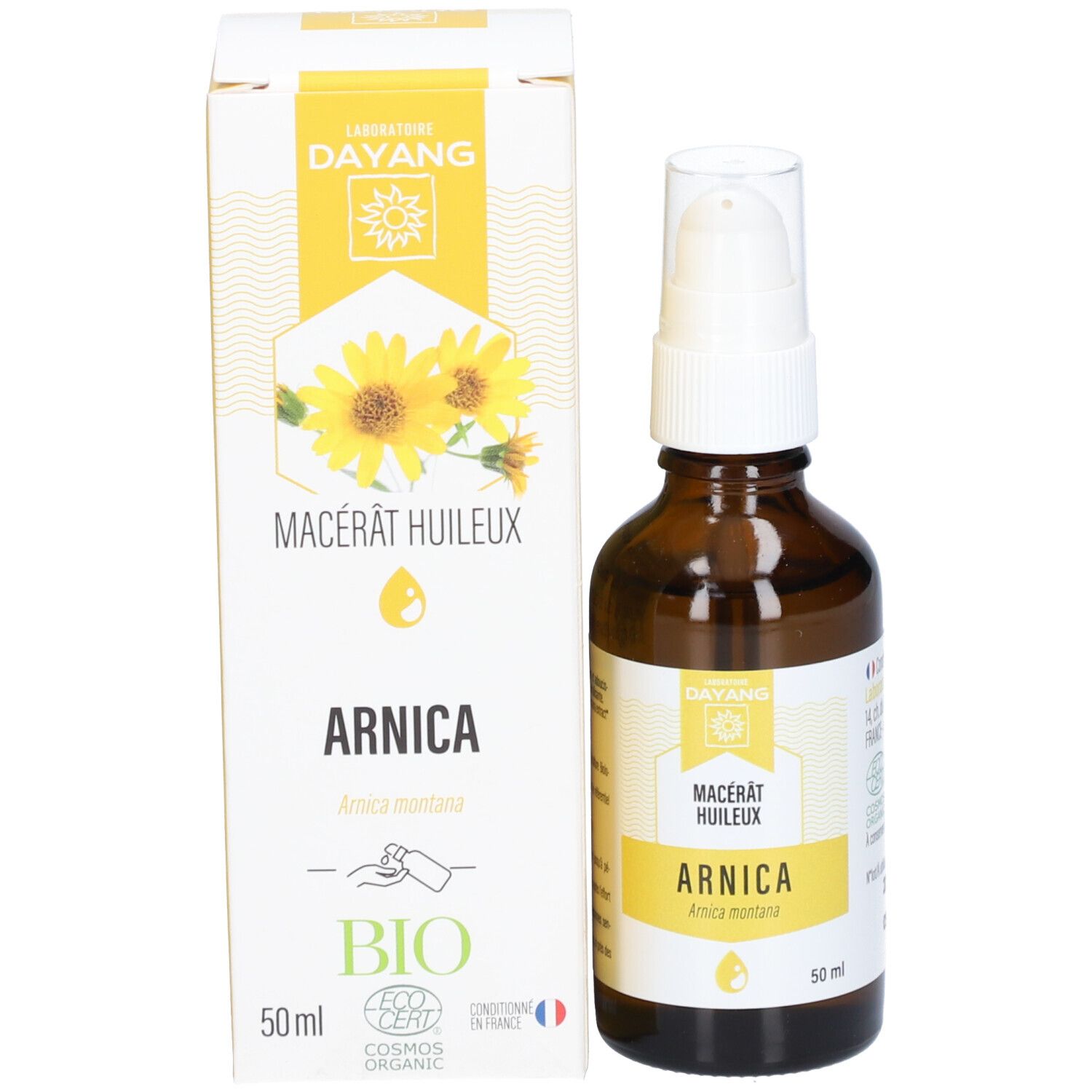 Bruine glazen fles met witte spraykop en kartonnen verpakking. Op de verpakking staat "ARNICA" en logo's.