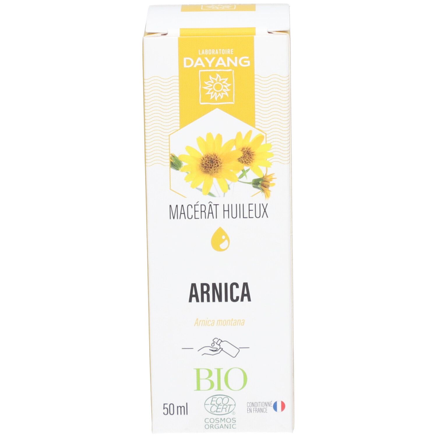 Kartonnen verpakking met tekst en logo's. Op de verpakking staat "ARNICA" en een afbeelding van zonnebloemen.