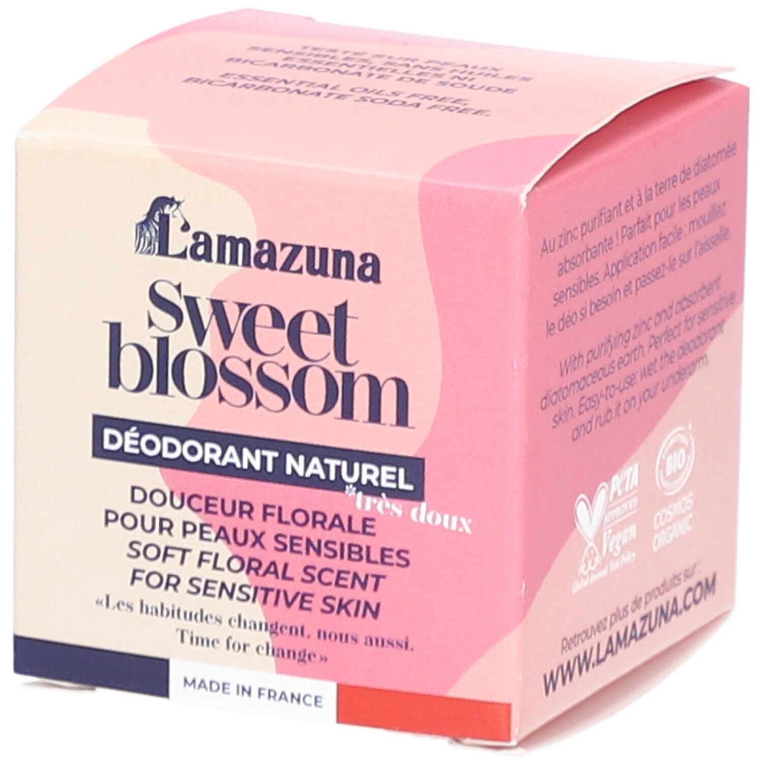 Roze doos. Opschrift: LAMAZUNA Sweet Blossom, Déodorant Naturel, Douceur Florale, Pour Peaux Sensibles, Soft Floral Scent. PETA-logo.