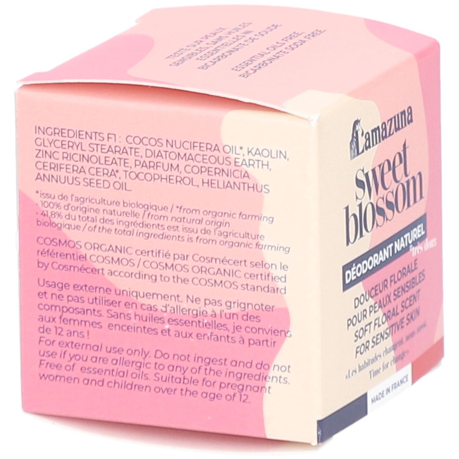 Doos met ingrediënten en certificeringen. Opschrift: LAMAZUNA Sweet Blossom. COSMOS ORGANIC-certificering. Tekst in het Frans.
