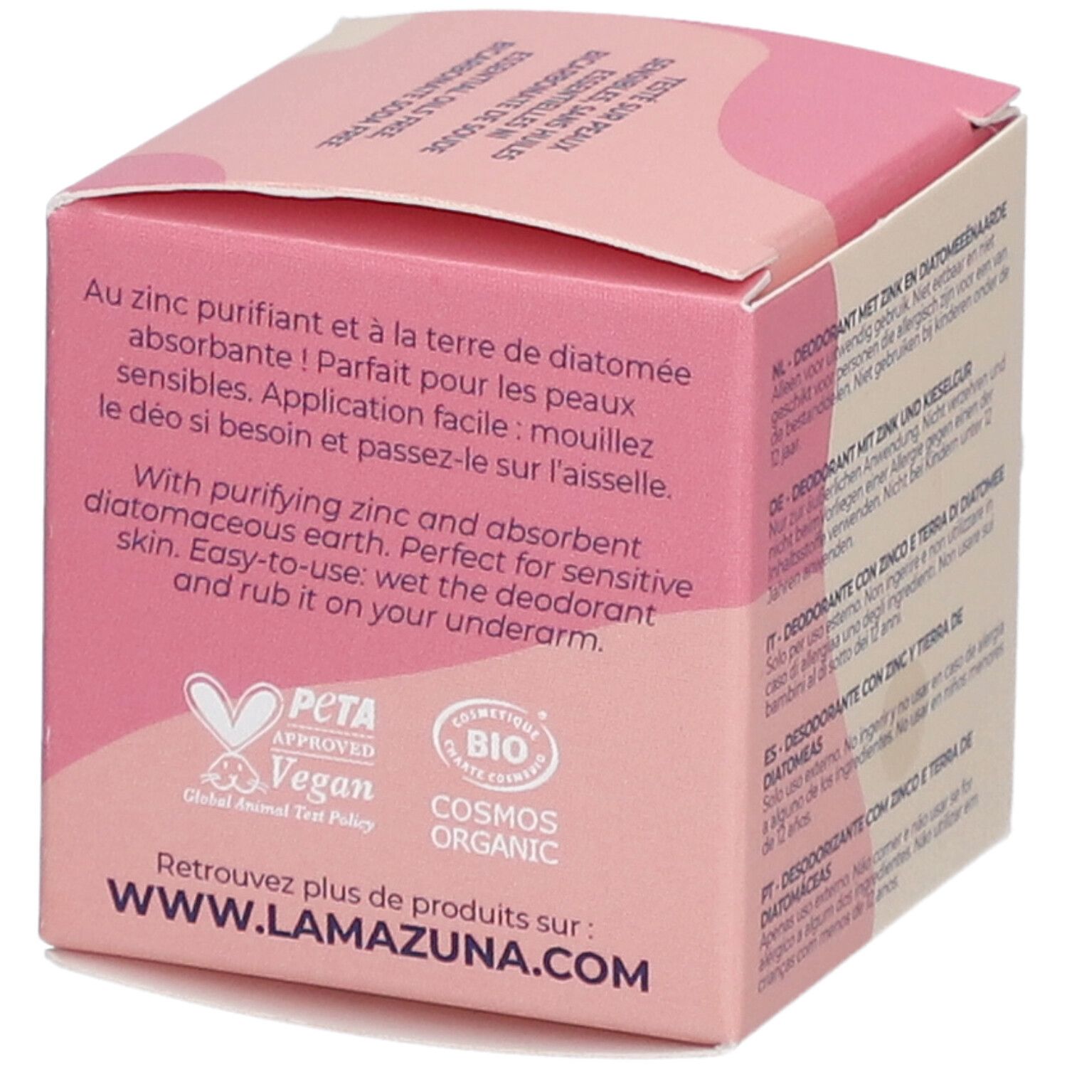 Roze doos met tekst. Opschrift: LAMAZUNA Sweet Blossom, Déodorant Naturel. Logo's: PETA, COSMOS ORGANIC. Tekst in het Frans en Engels.