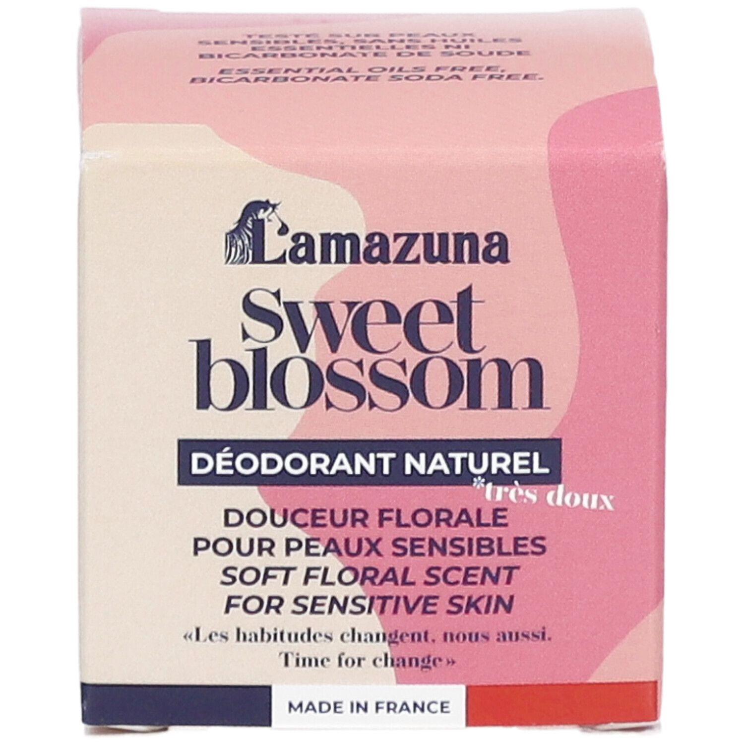 Roze doos. Opschrift: LAMAZUNA Sweet Blossom, Déodorant Naturel, Douceur Florale, Pour Peaux Sensibles, Soft Floral Scent. Logo.