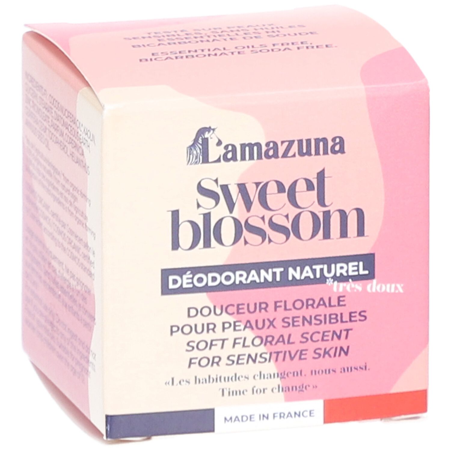 Roze doos. Opschrift: LAMAZUNA Sweet Blossom, Déodorant Naturel, Douceur Florale, Pour Peaux Sensibles, Soft Floral Scent. Logo.